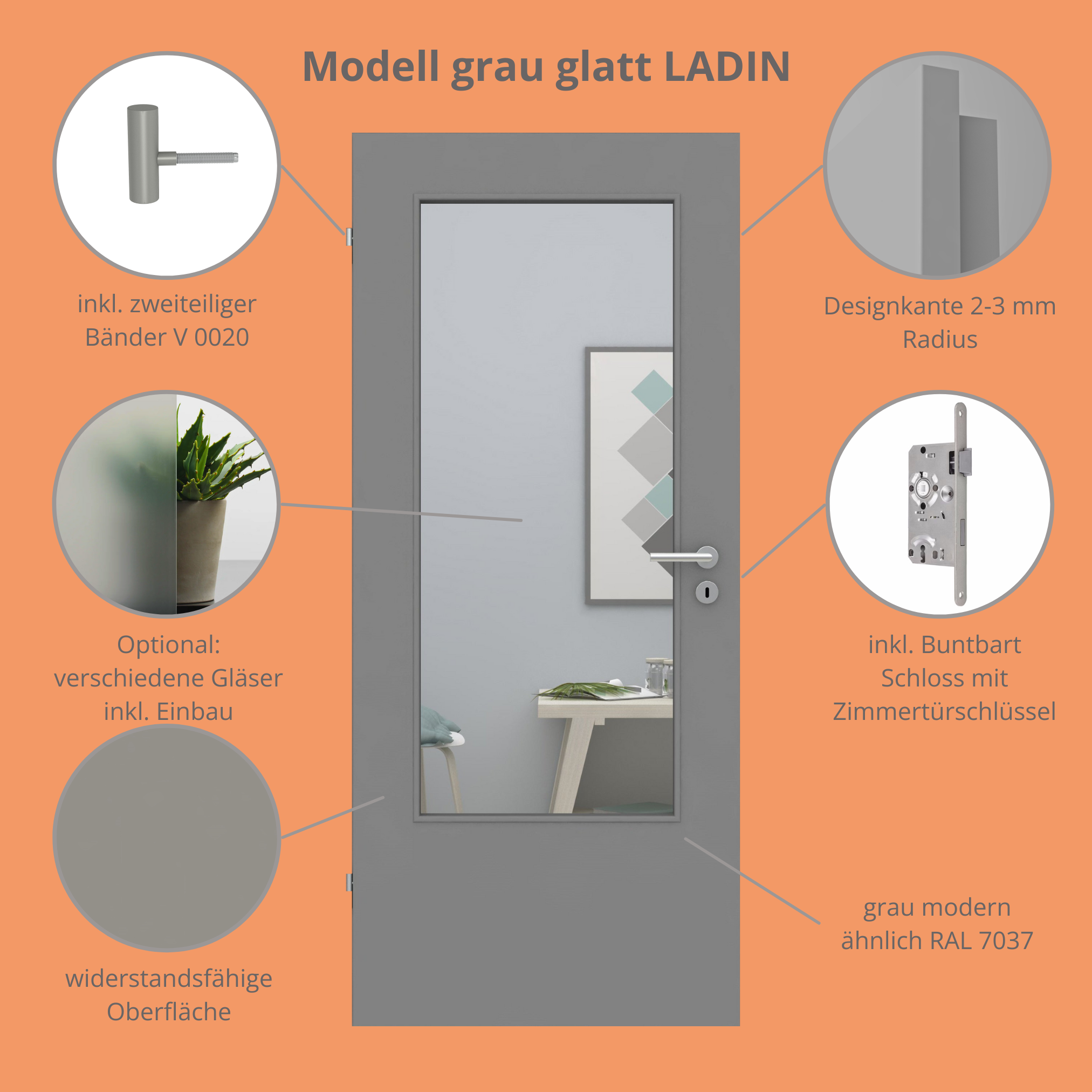 Zimmertür mit Lichtausschnitt DIN grau glatt Designkante - Modell LADIN
