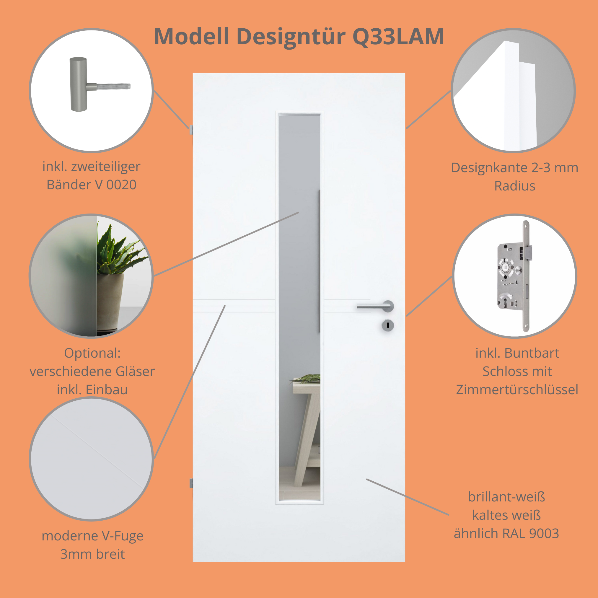 Zimmertür mit Lichtausschnitt brillant-weiß 3 Rillen Designkante - Modell Designtür Q33LAM