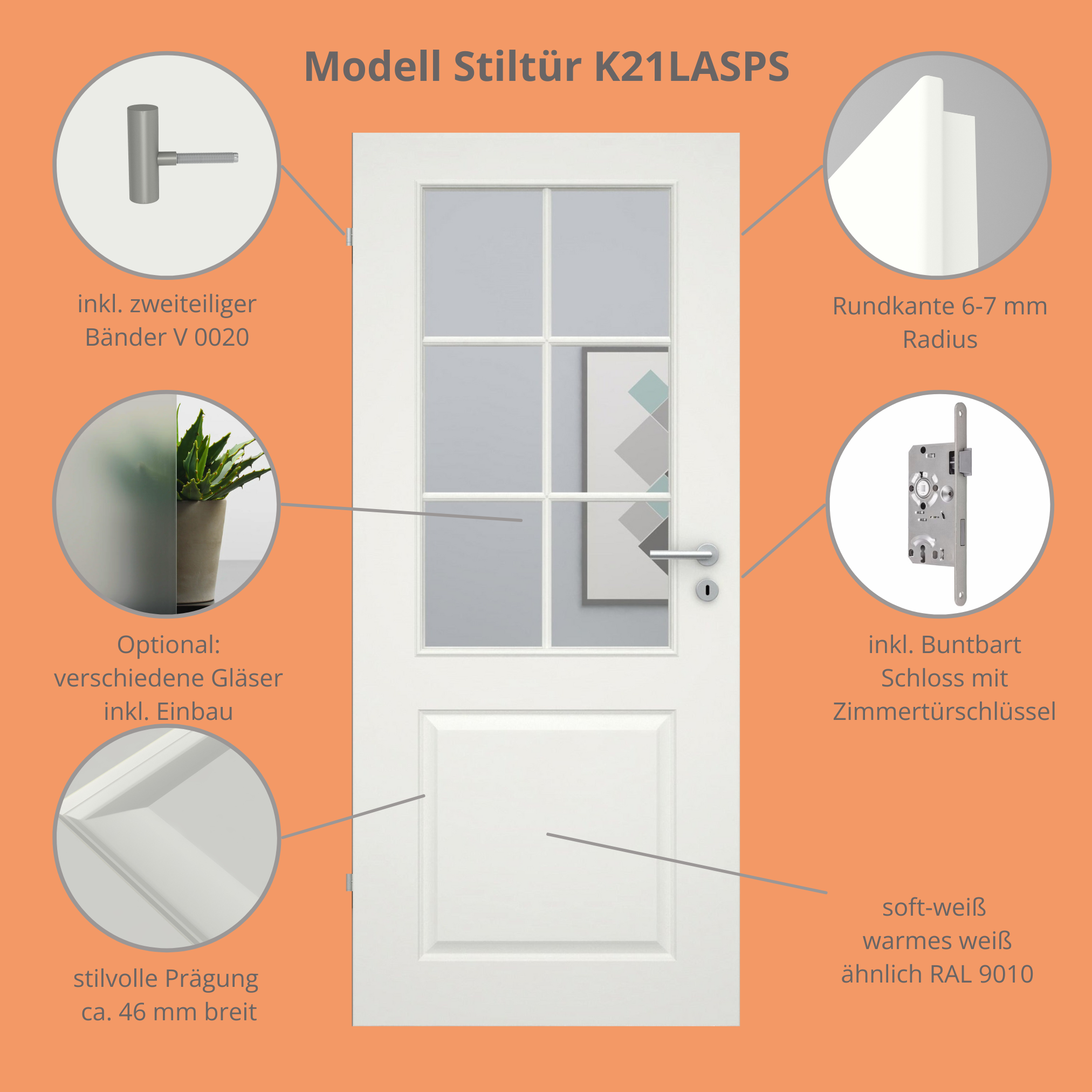 Zimmertür mit Lichtausschnitt mit Sprossenrahmen standard soft-weiß 2 Kassetten Rundkante - Modell Stiltür K21LASPS