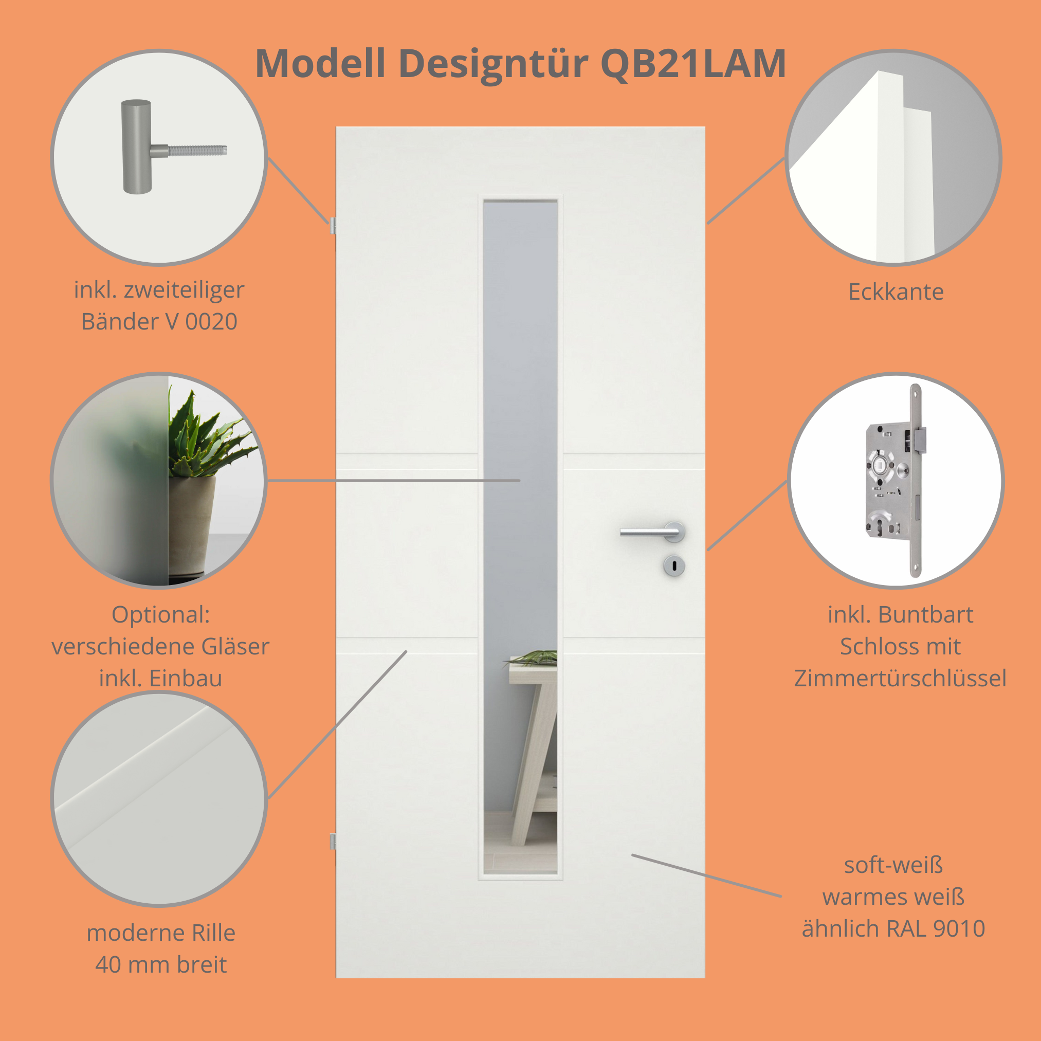 Zimmertür mit Lichtausschnitt soft-weiß 2 breite Rillen Eckkante - Modell Designtür QB21LAM