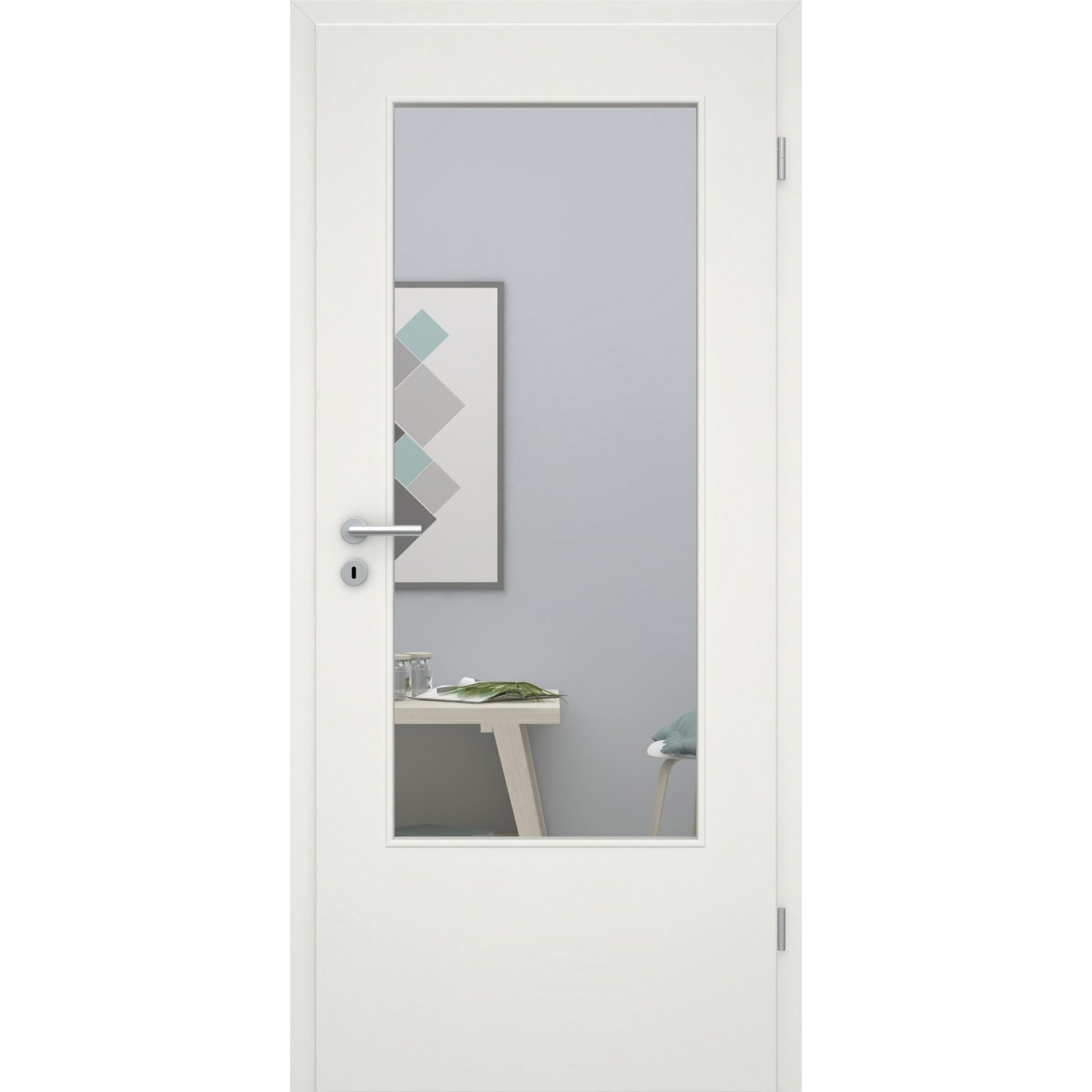 Zimmertür mit Zarge Lack soft-weiß glatt und Lichtausschnitt Eckkante