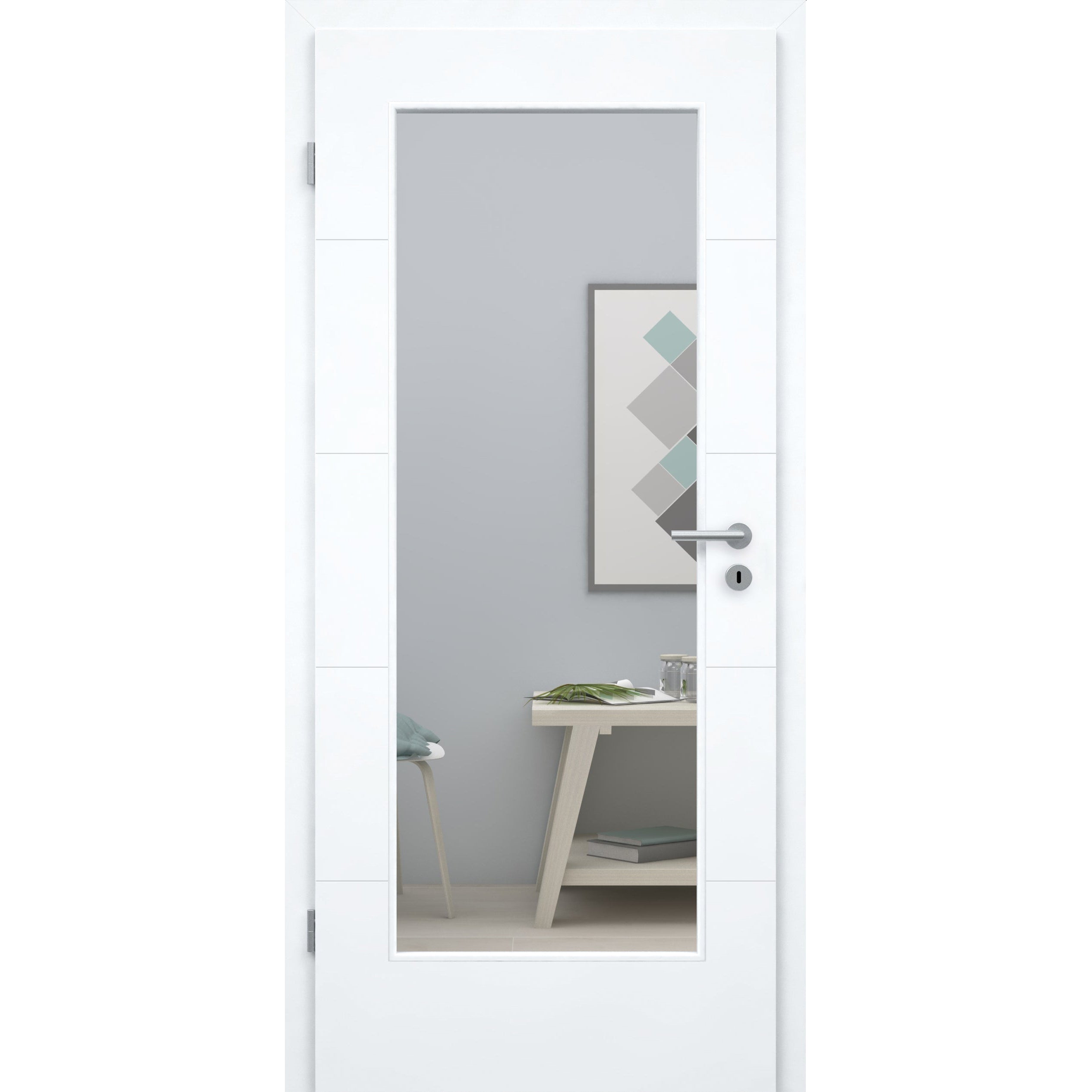Zimmertür mit Zarge brillant-weiß modern mit 4 Rillen und Lichtausschnitt Designkante - Modell Designtür Q43LA