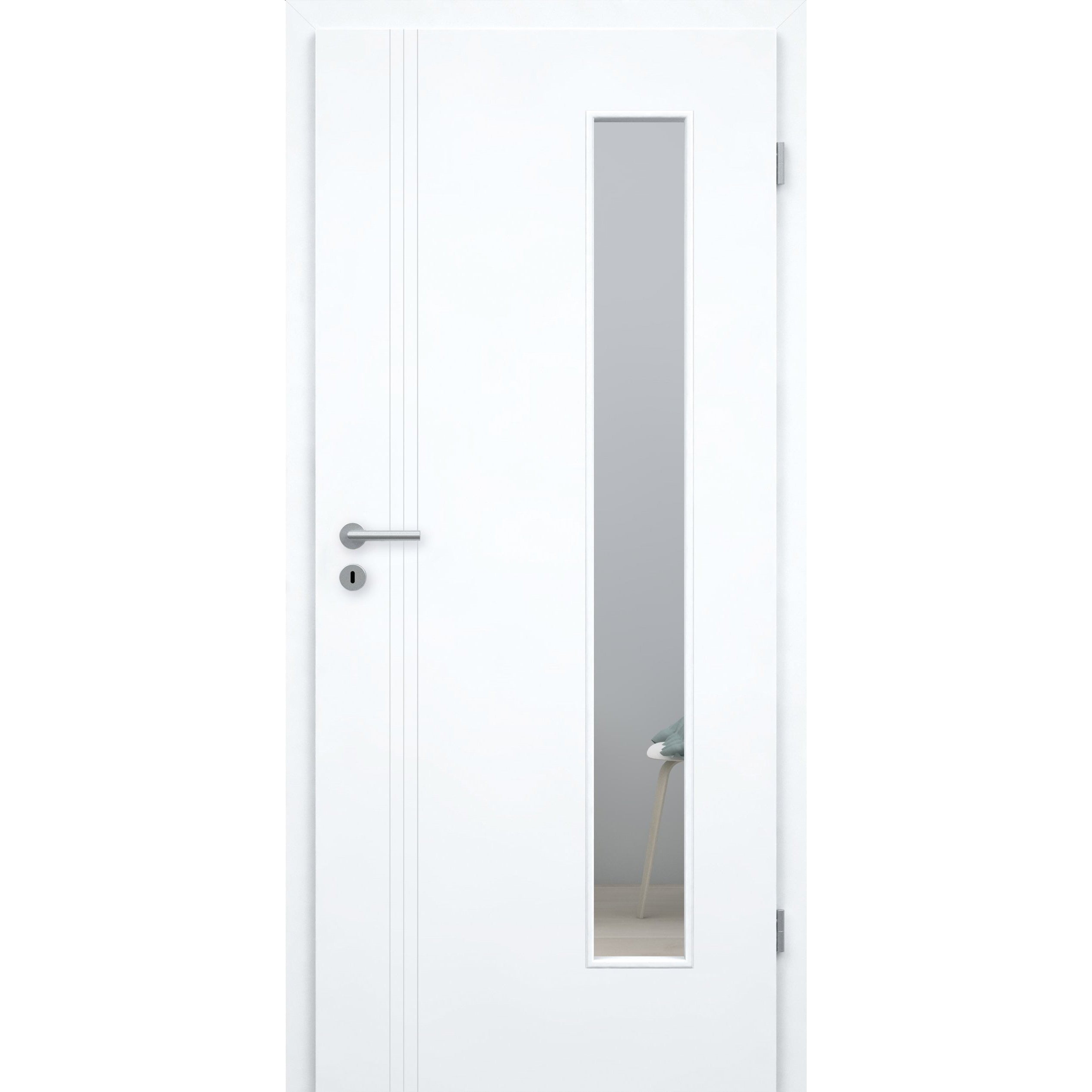Zimmertür mit Zarge im Sondermaß und Lichtausschnitt brillant-weiß 3 Rillen aufrecht Schlossseite Designkante - Modell Designtür VS33LAB