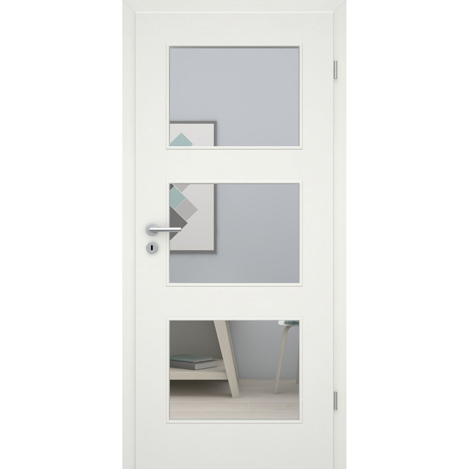 Zimmertür mit Zarge im Sondermaß und Lichtausschnitt soft-weiß 3 Kassetten Eckkante - Modell Stiltür M31LA3
