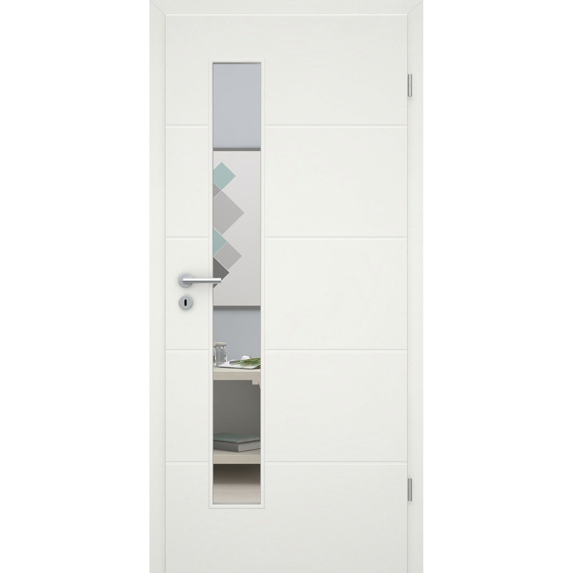 Zimmertür mit Zarge im Sondermaß und Lichtausschnittsoft-weiß 4 Rillen Eckkante - Modell Designtür Q41LAS