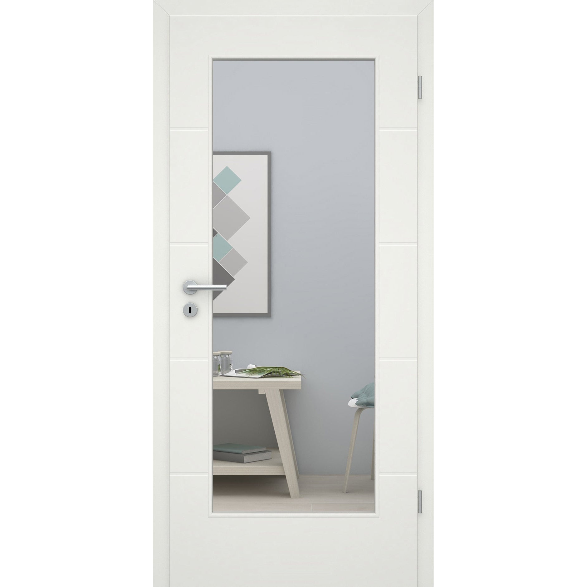 Zimmertür soft-weiß mit 4 Rillen und Lichtausschnitt Eckkante - Modell Designtür Q41LA