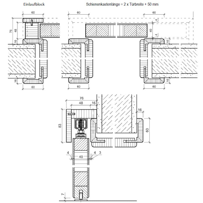 Schiebetür mit Schiebetürzarge soft-weiß Rundkante 60 mm Bekleidung 2 Rillen aufrecht - Modell Designtür VS21