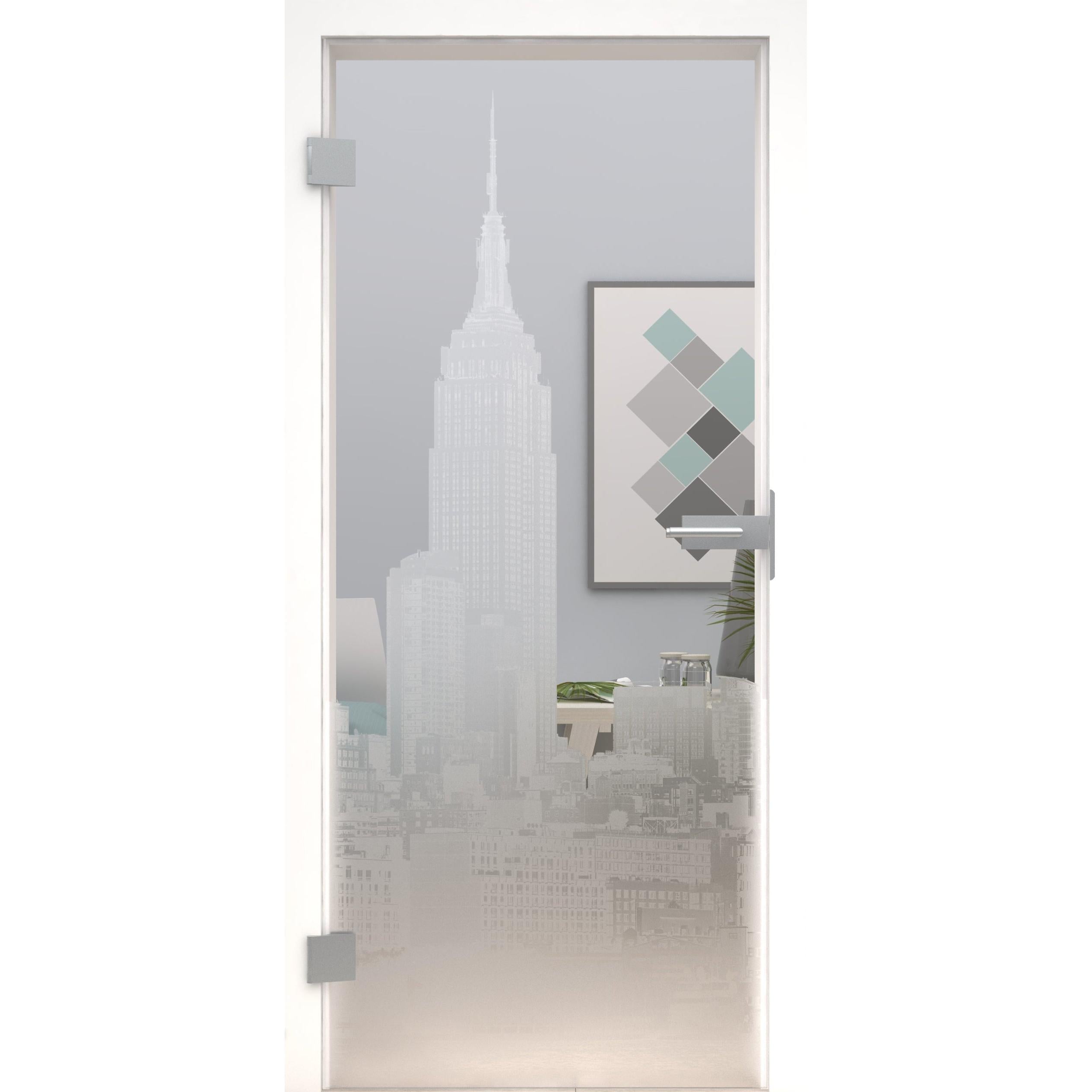 Glastür Skyline LaserArt 320-U Klarglas-198,5 x 73,5 cm (Glasmaß 197,2 x 70,9 cm)-links-Montario