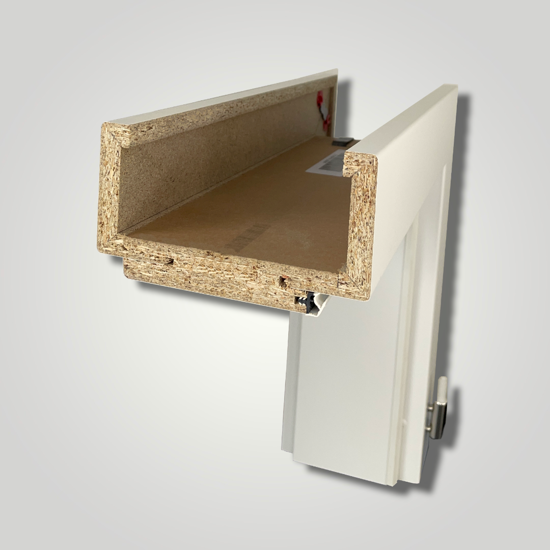 Zimmertür mit Zarge und Lichtausschnitt soft-weiß 4 breite Rillen Eckkante - Modell Designtür QB41LAB