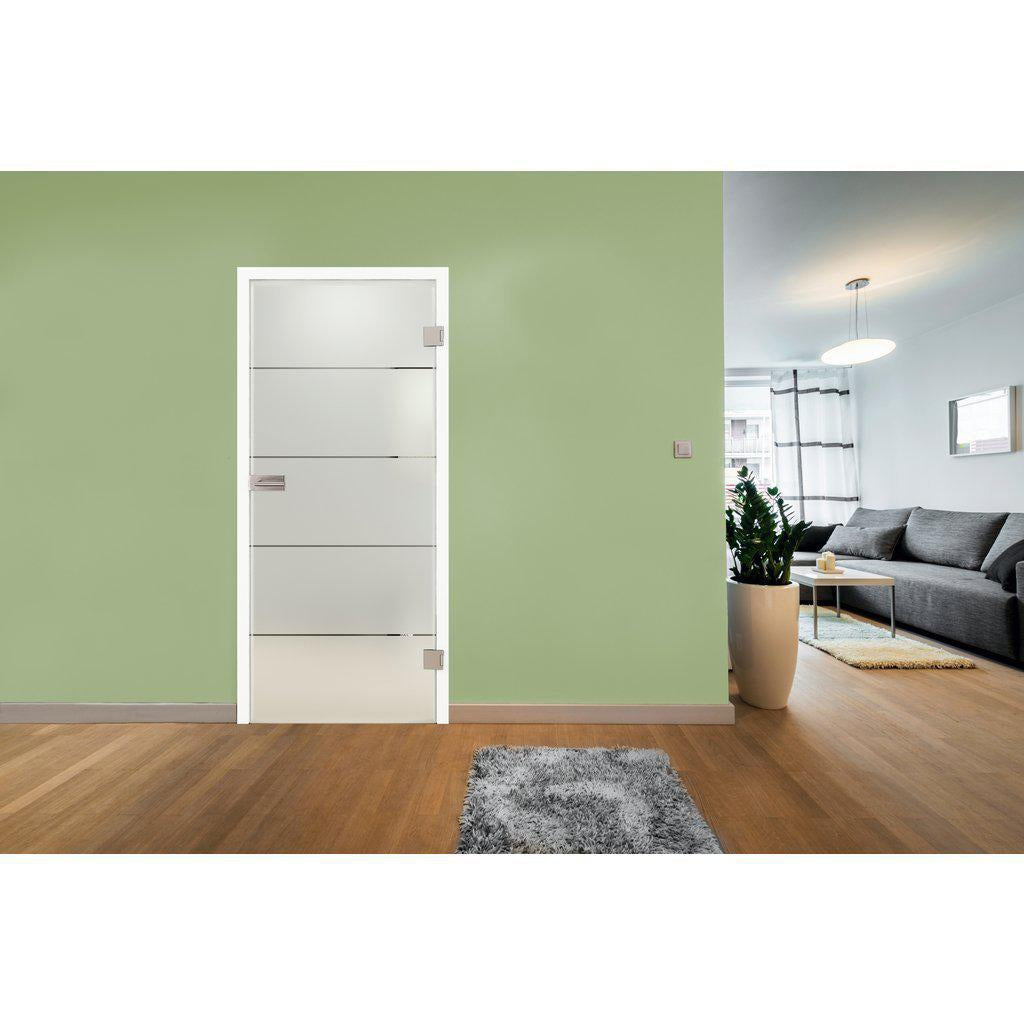 Glastür mit Zarge soft-weiß Satiniert 4 Linien