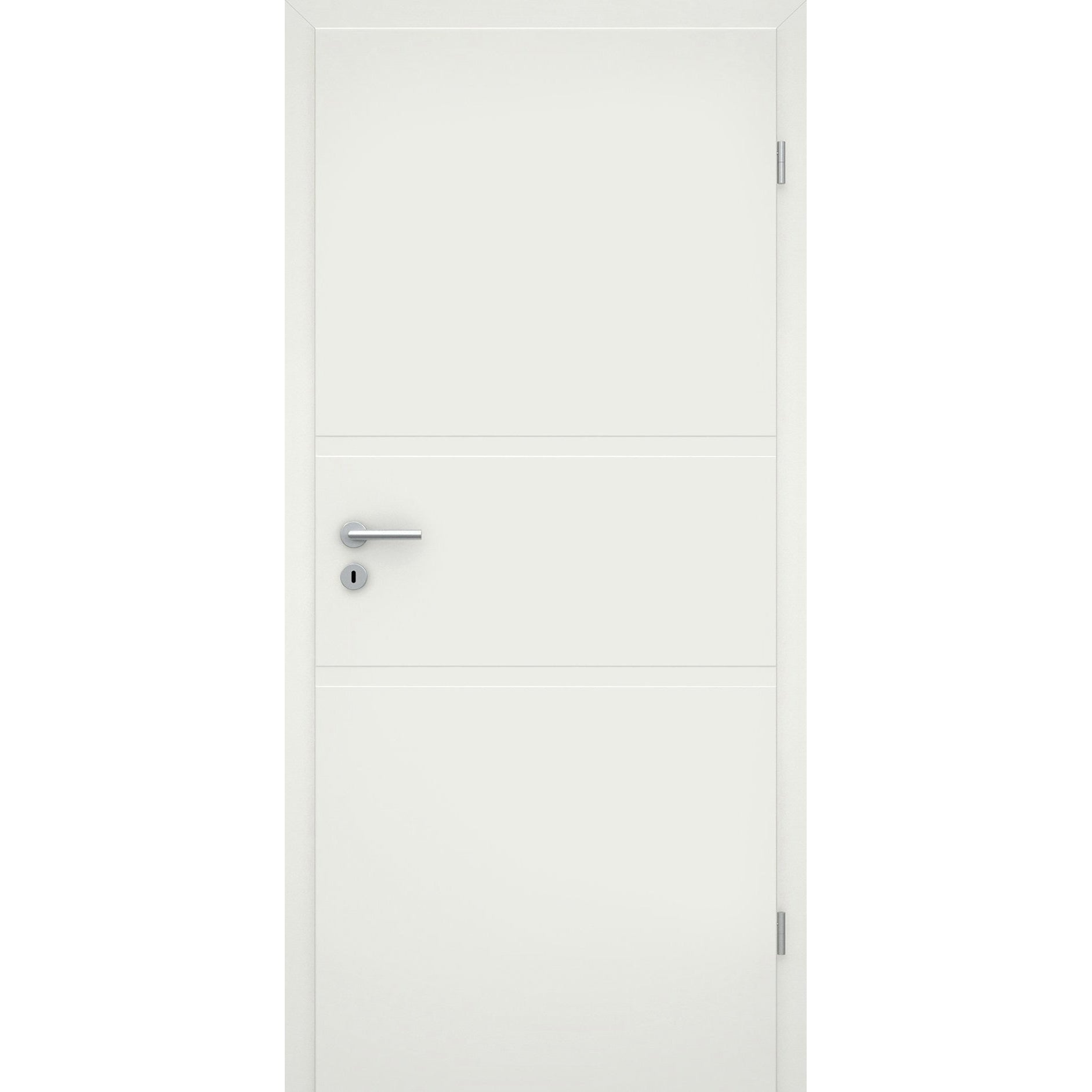 Wohnungseingangstür mit Zarge soft-weiß 2 breite Rillen Eckkante SK1 / KK3 - Modell Designtür QB21