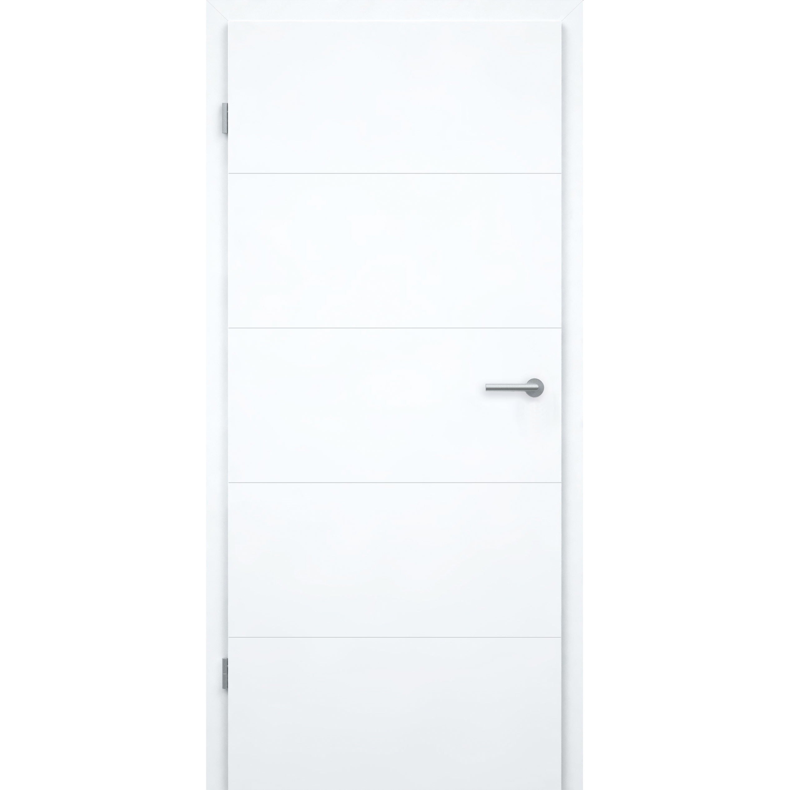 Zimmertür mit Zarge ohne Schlüssellochbohrung brillant-weiß modern mit 4 Rillen Designkante - Modell Designtür Q43