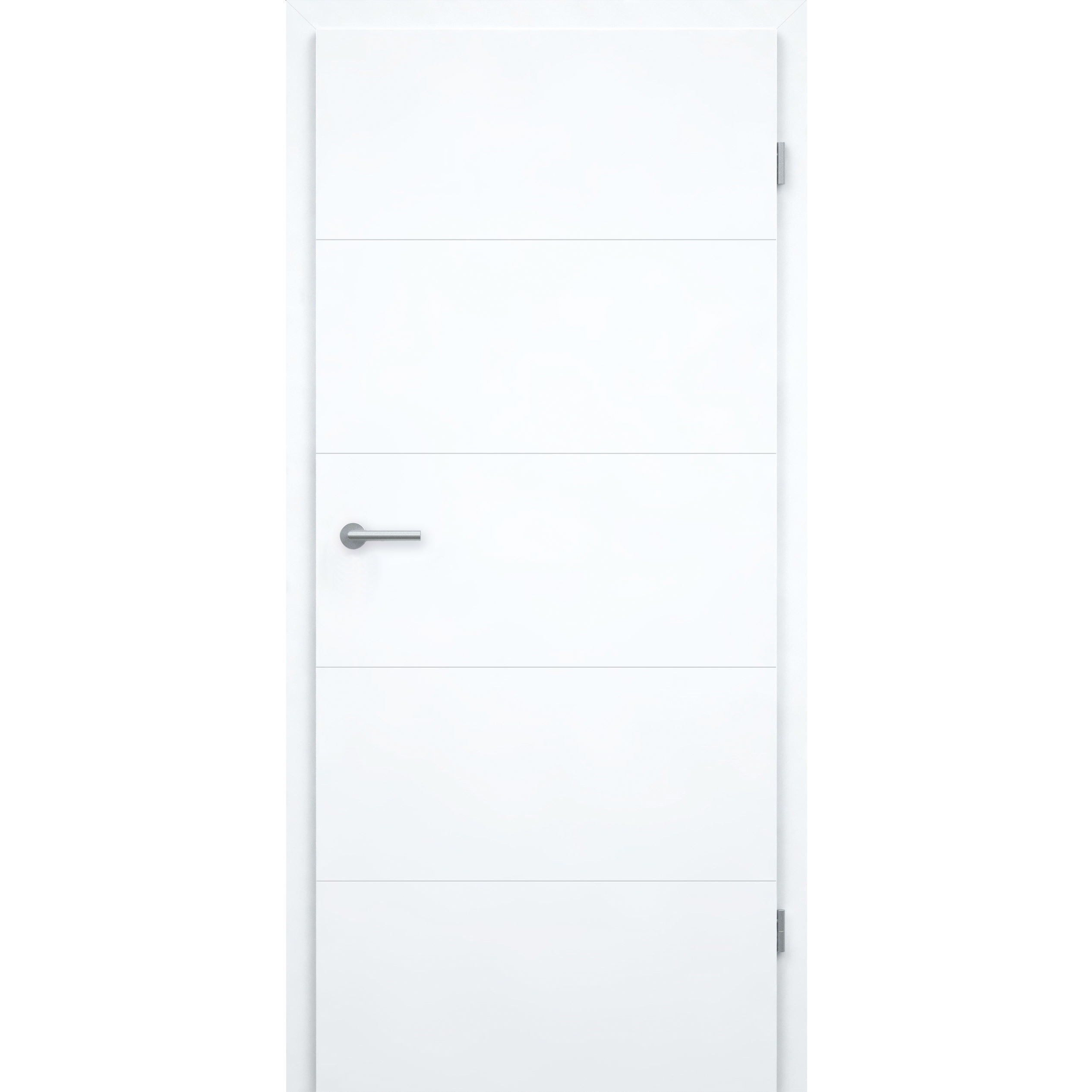 Zimmertür mit Zarge ohne Schlüssellochbohrung brillant-weiß modern mit 4 Rillen Designkante - Modell Designtür Q43