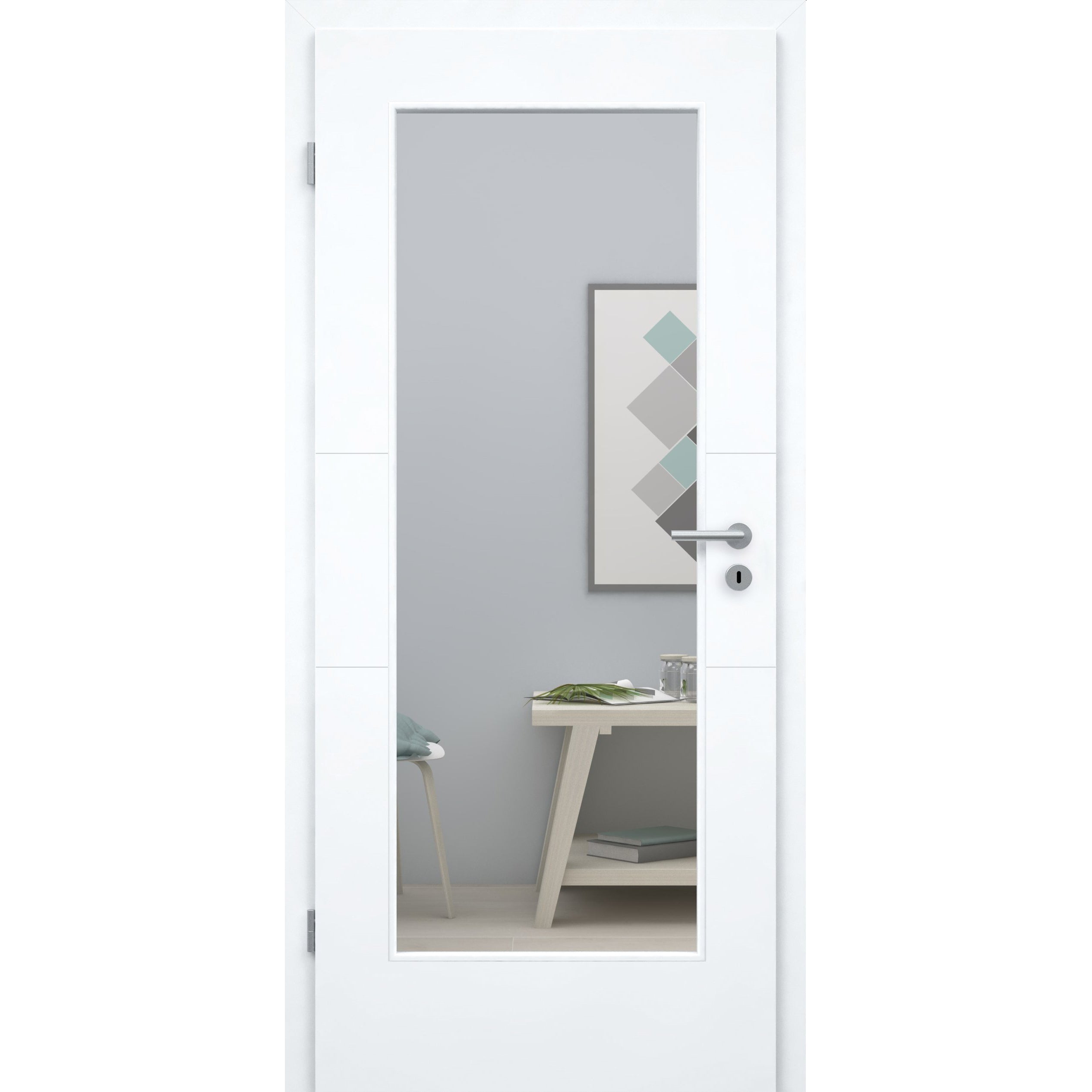 Zimmertür mit Zarge und Lichtausschnitt brillant-weiß 2 Rillen quer Designkante - Modell Designtür Q23LA