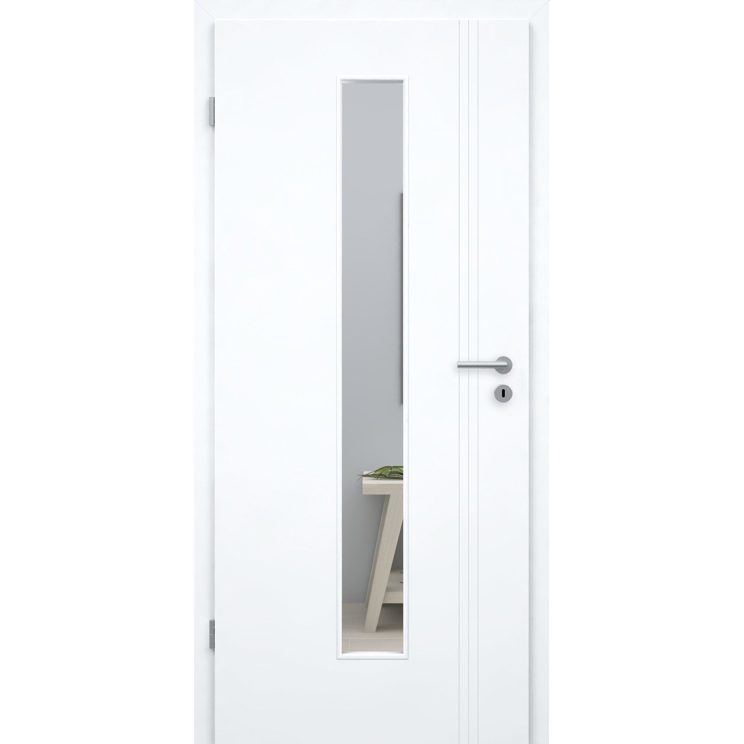 Zimmertür mit Lichtausschnitt brillant-weiß 3 Rillen aufrecht Schlossseite Designkante - Modell Designtür VS33LAM