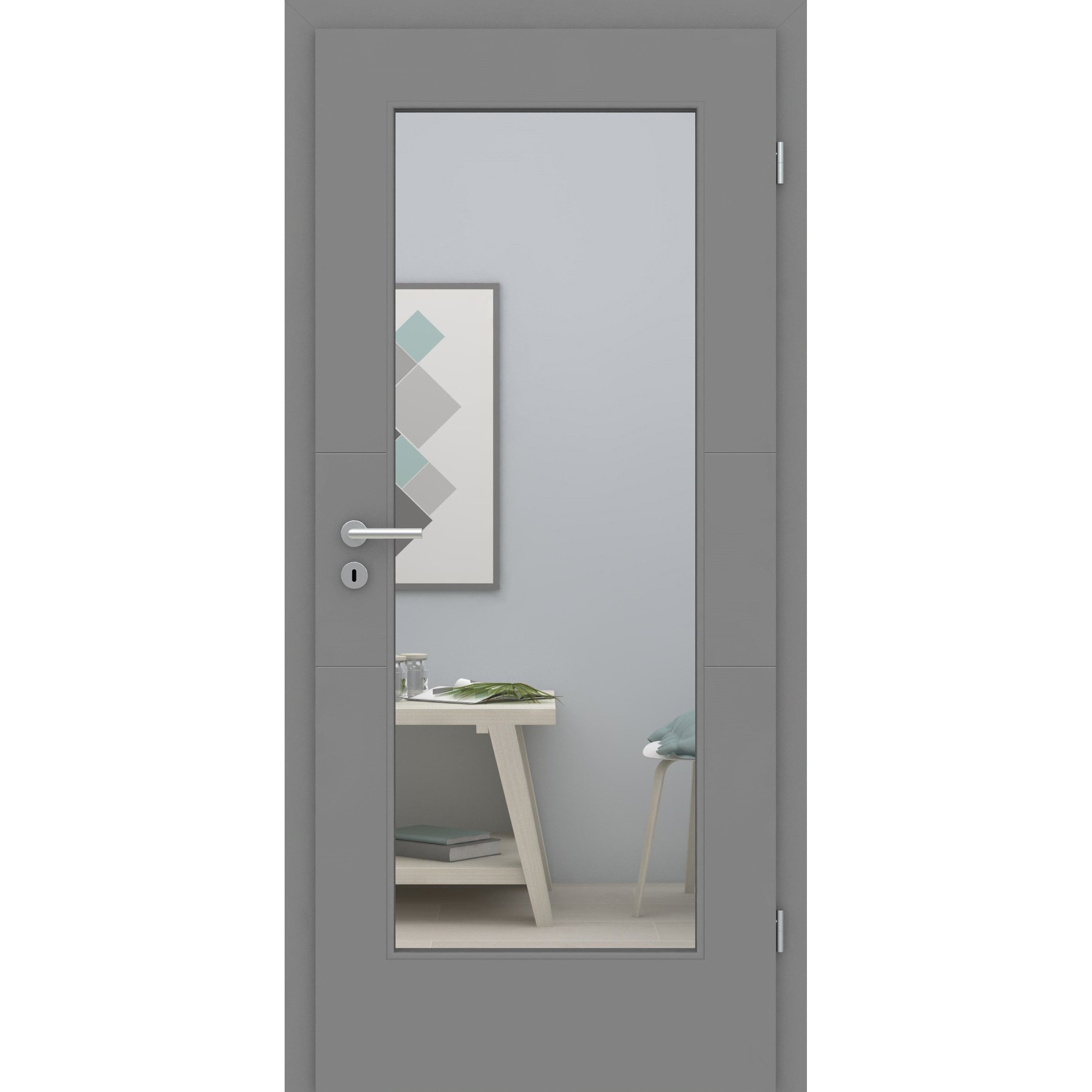Zimmertür mit Zarge und Lichtausschnitt grau 2 Rillen quer Designkante - Modell Designtür Q27LA