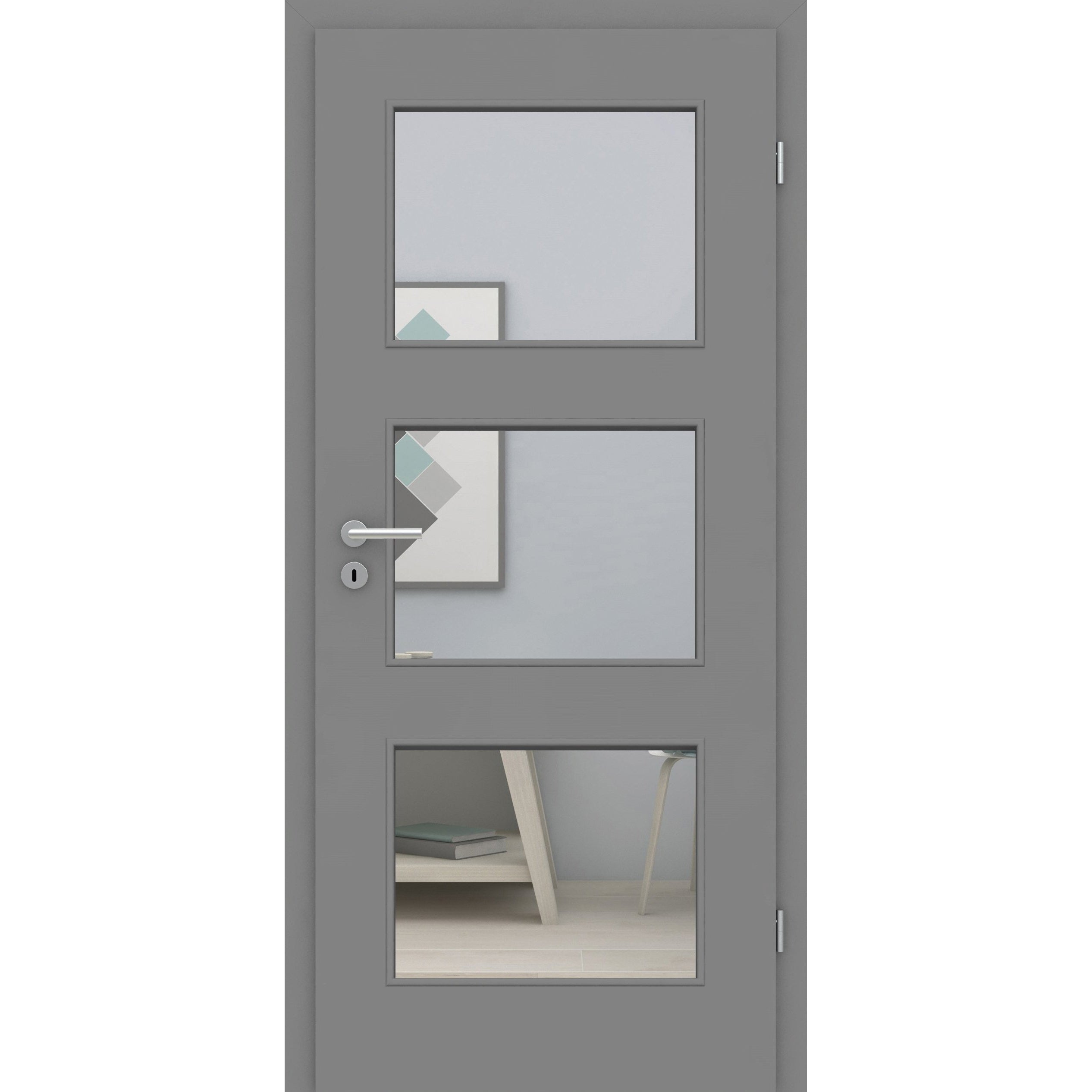 Zimmertür mit Lichtausschnitt grau 3 Kassetten Designkante - Modell Stiltür M37LA3