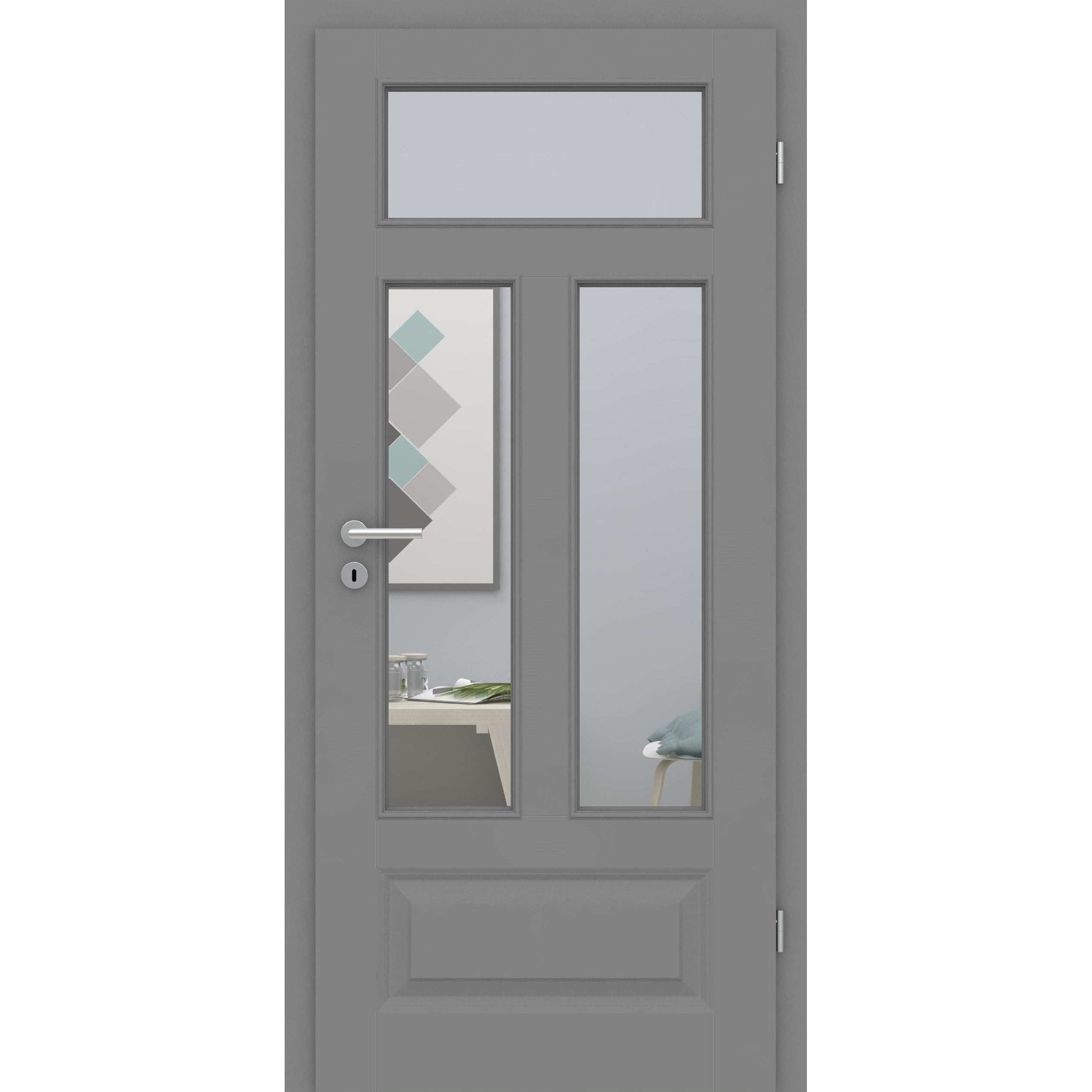 Zimmertür mit Zarge und Lichtausschnitt grau 4 Kassetten Quer Designkante - Modell Stiltür KQ47LA3