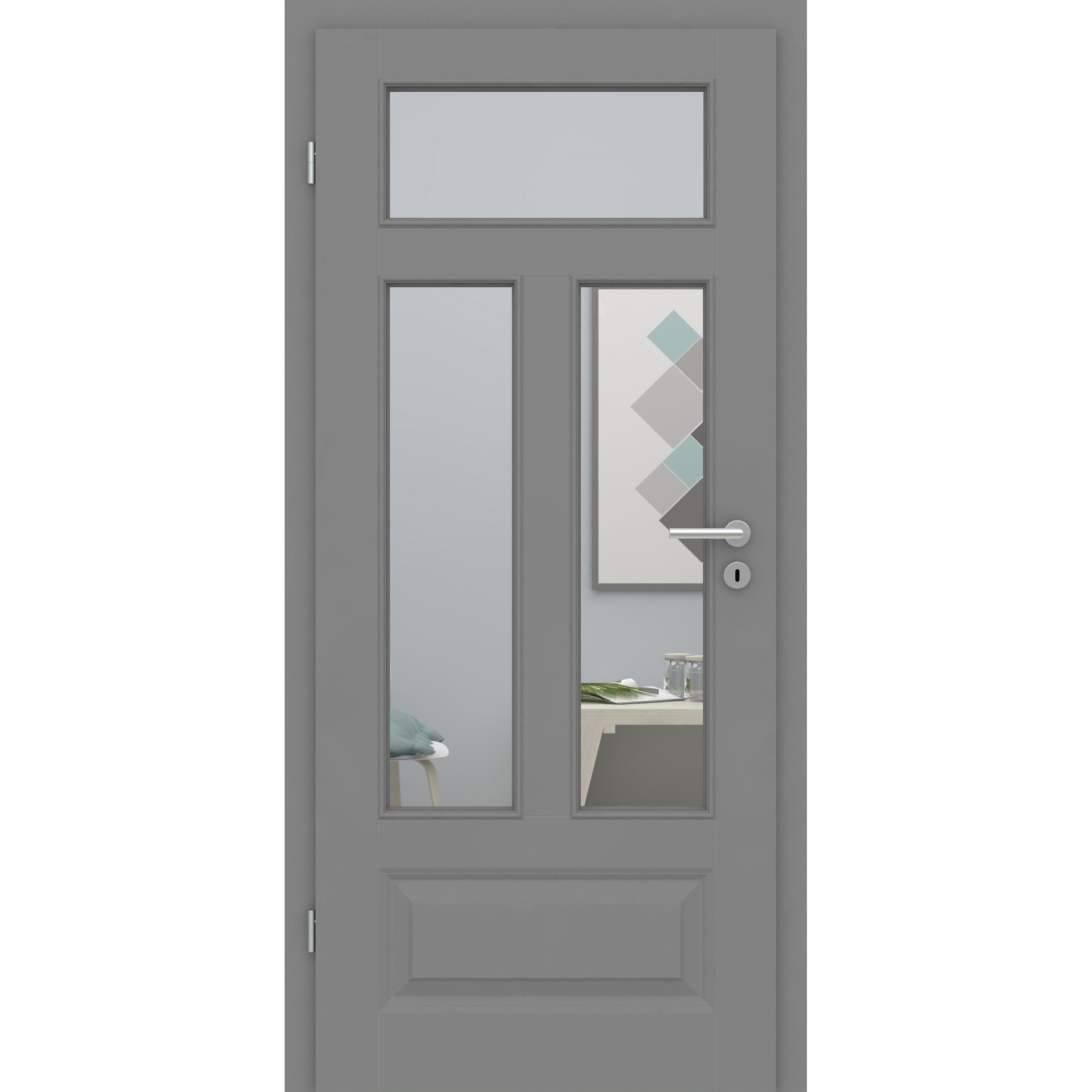 Zimmertür mit Zarge und Lichtausschnitt grau 4 Kassetten Quer Designkante - Modell Stiltür KQ47LA3