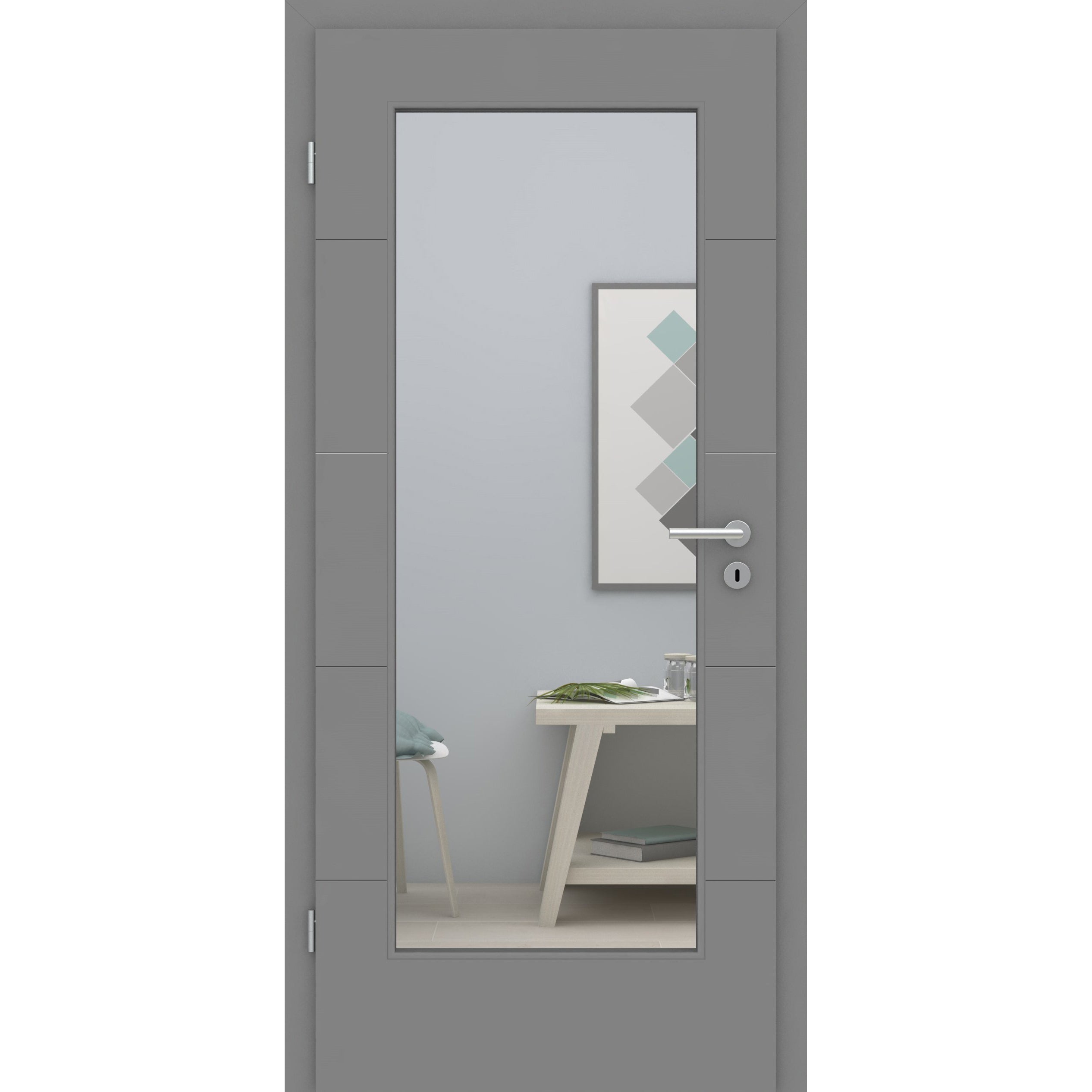 Zimmertür mit Zarge und Lichtausschnitt grau 4 Rillen quer Designkante - Modell Designtür Q47LA