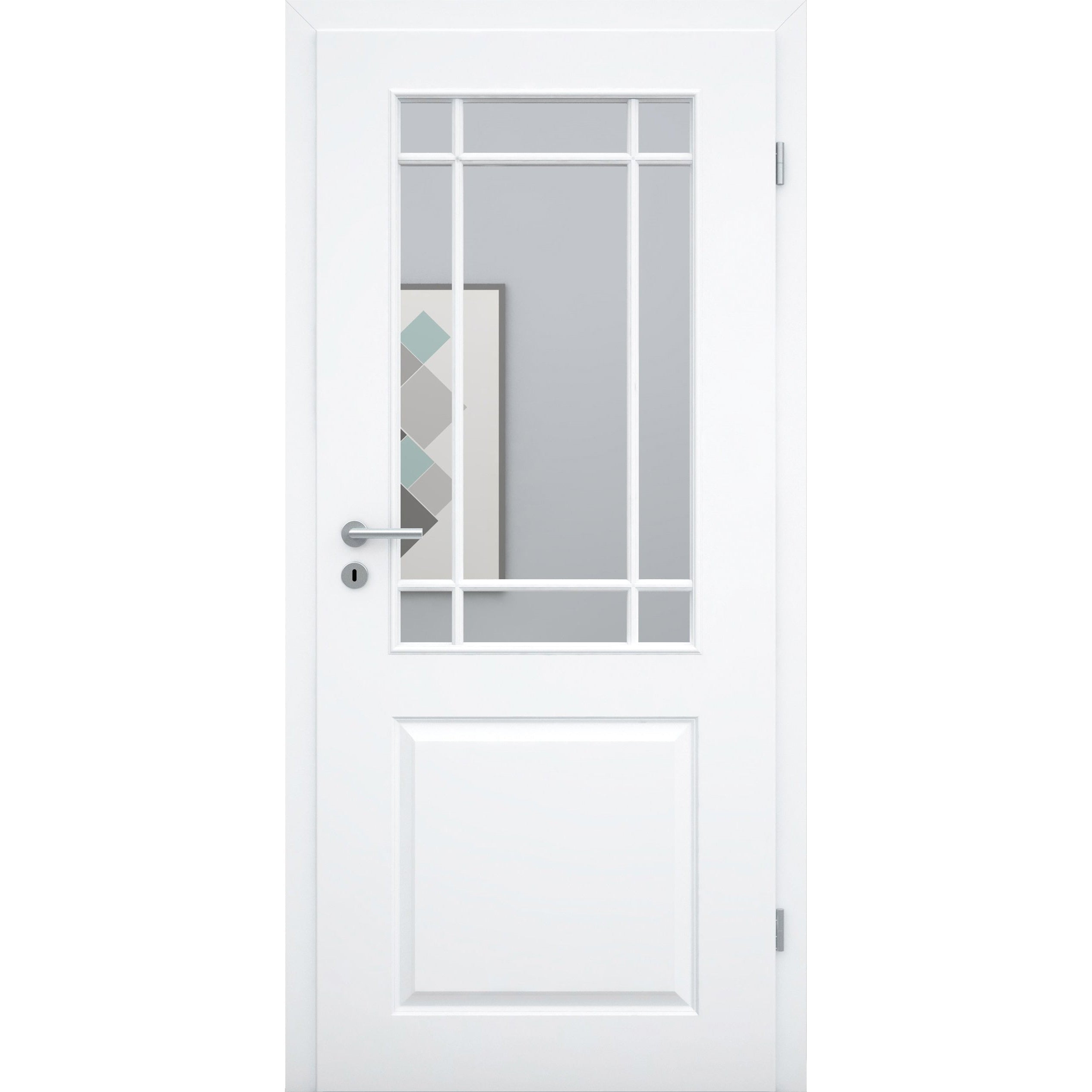 Zimmertür mit Zarge und Lichtausschnitt mit Sprossenrahmen klassisch brillant-weiß 2 Kassetten Designkante - Modell Stiltür K23LASPK