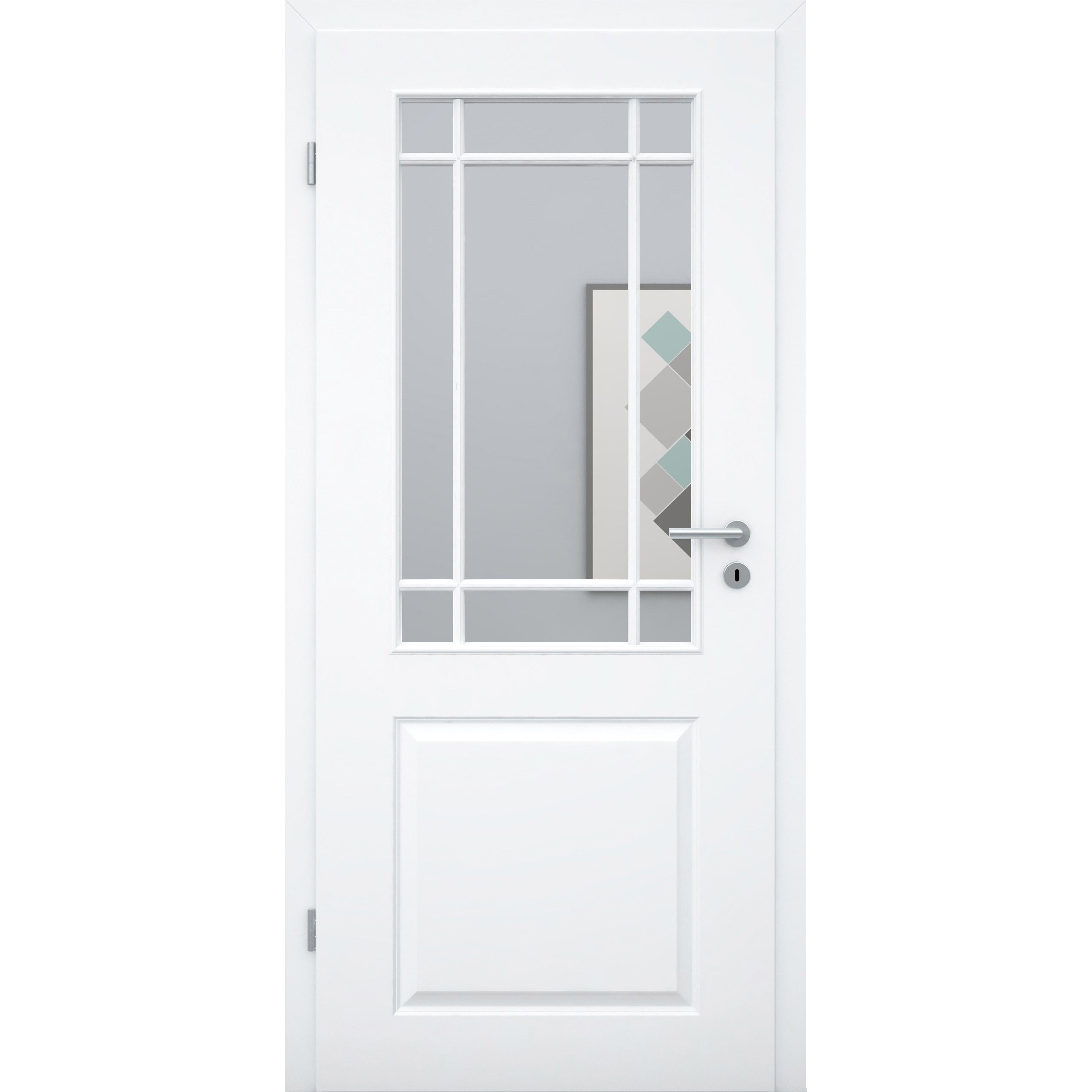 Zimmertür mit Lichtausschnitt mit Sprossenrahmen klassisch brillant-weiß 2 Kassetten Designkante - Modell Stiltür K23LASPK