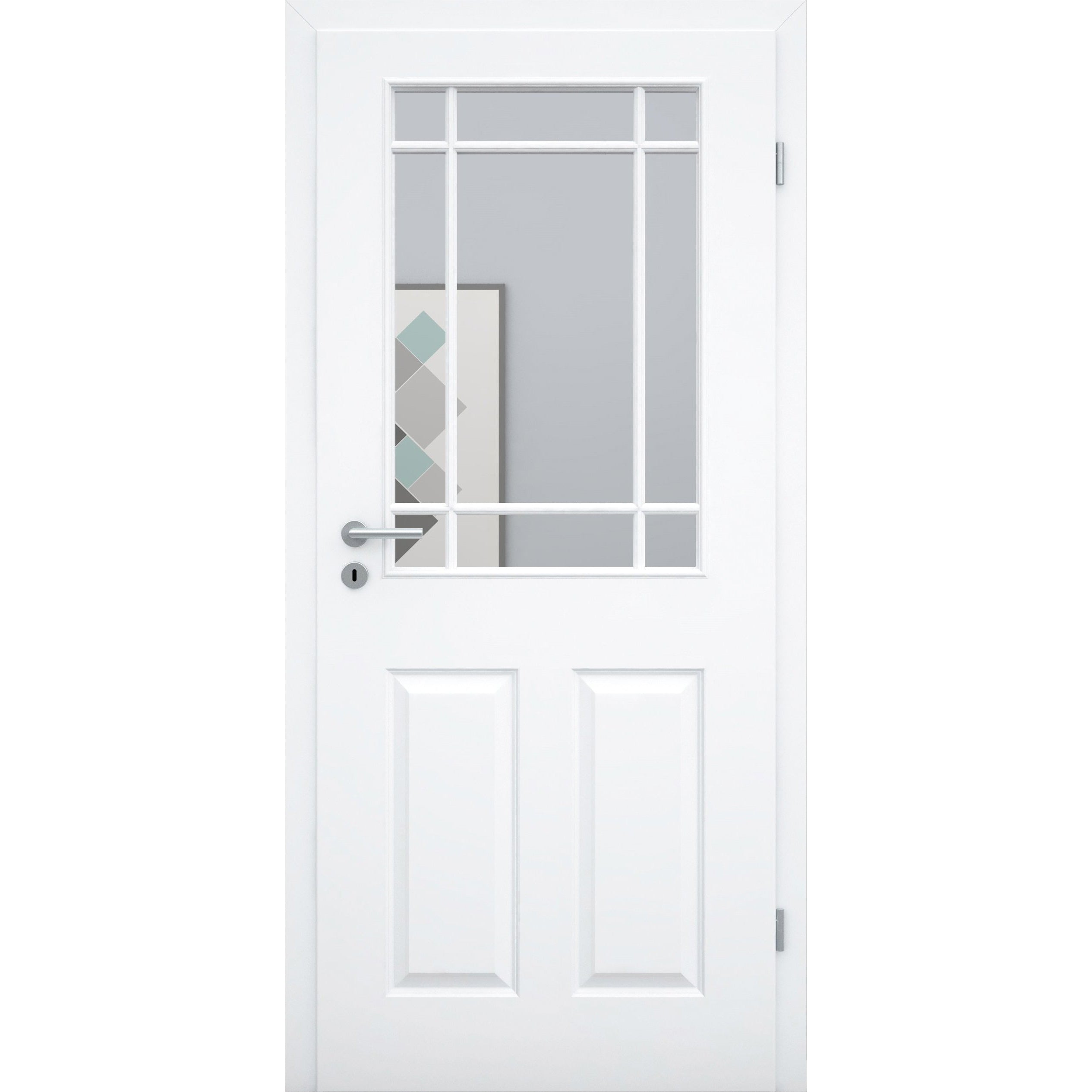Zimmertür mit Zarge und Lichtausschnitt mit Sprossenrahmen klassisch brillant-weiß 4 Kassetten Designkante - Modell Stiltür K43LASPK