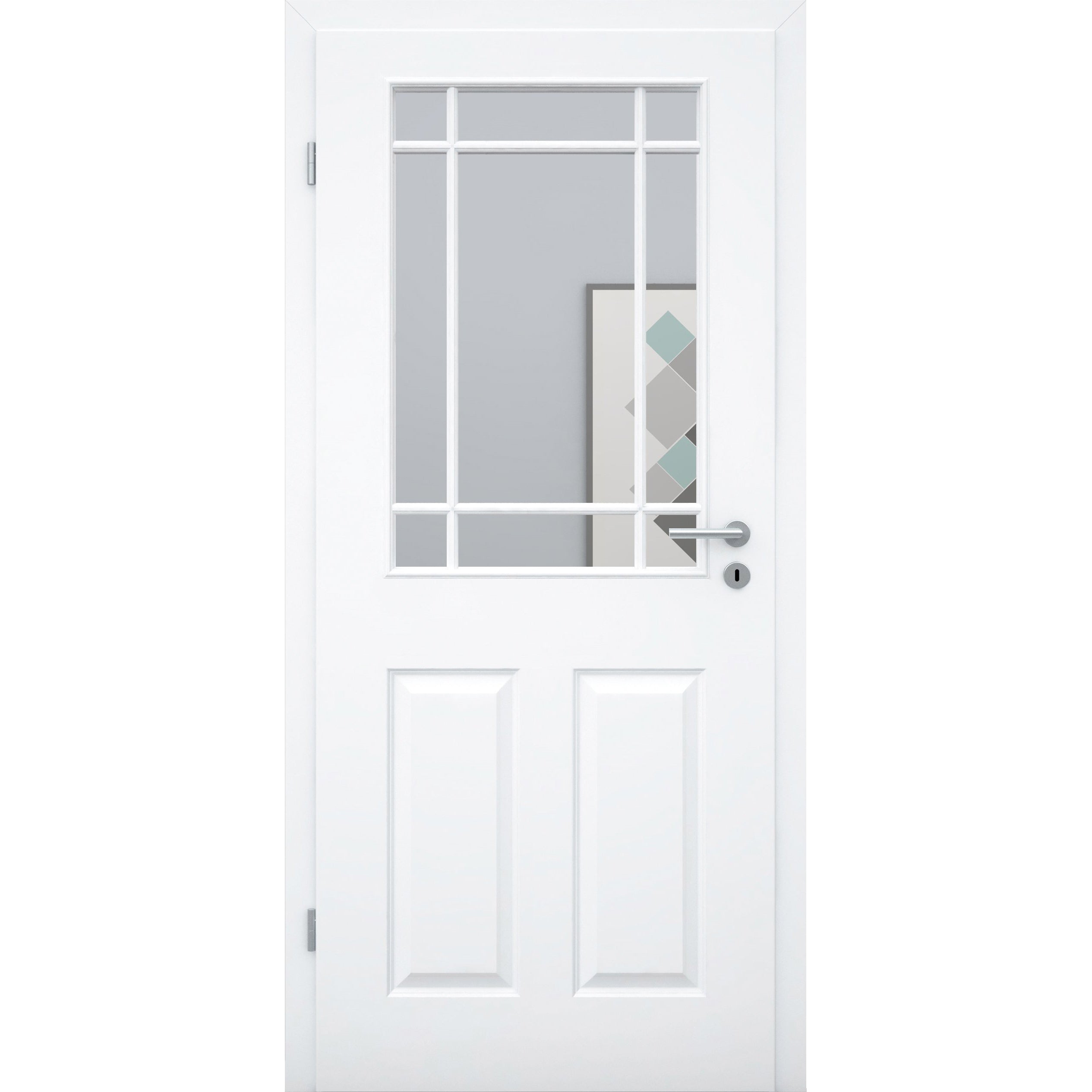 Zimmertür mit Lichtausschnitt mit Sprossenrahmen klassisch brillant-weiß 4 Kassetten Designkante - Modell Stiltür K43LASPK