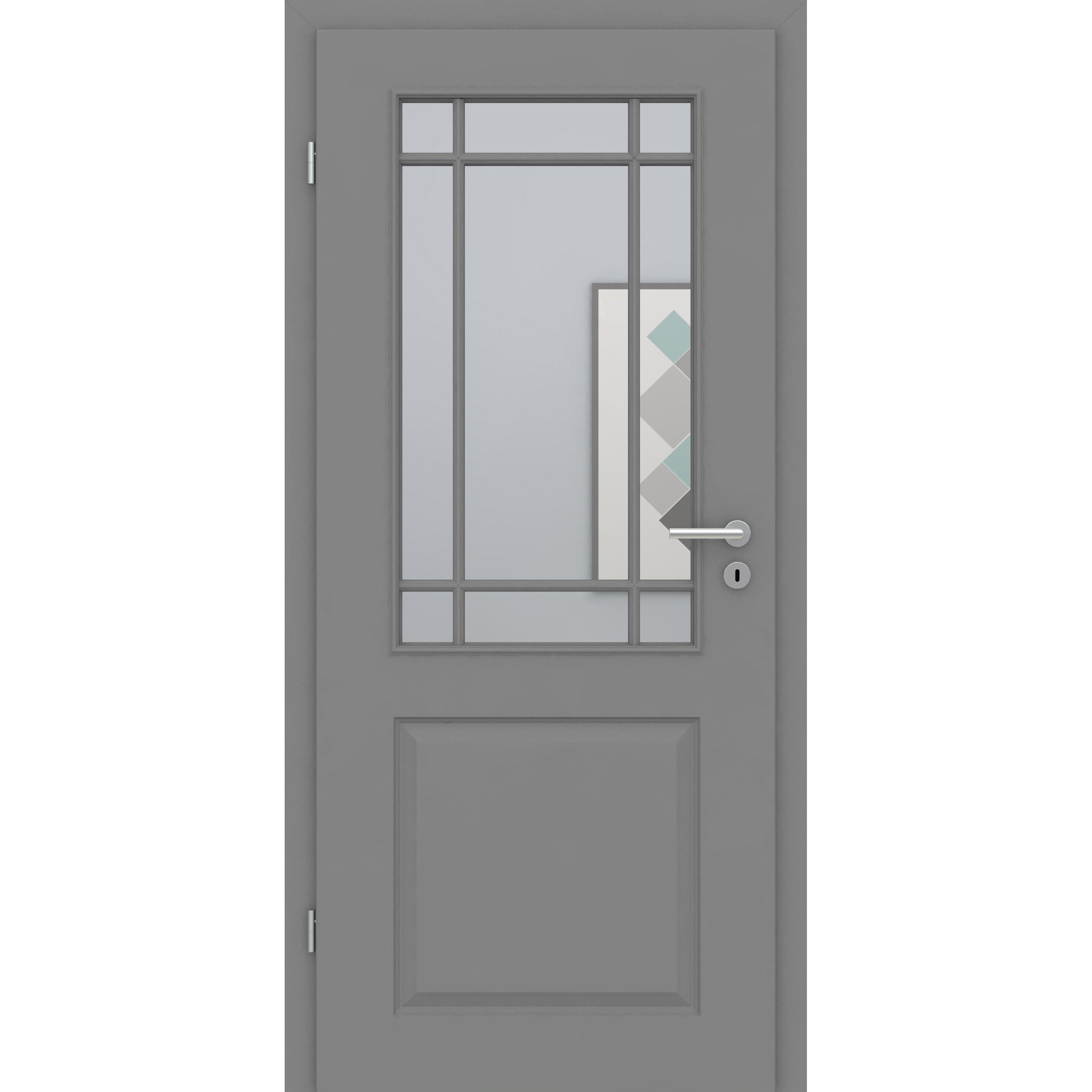 Zimmertür mit Lichtausschnitt mit Sprossenrahmen klassisch grau 2 Kassetten Designkante - Modell Stiltür K27LASPK