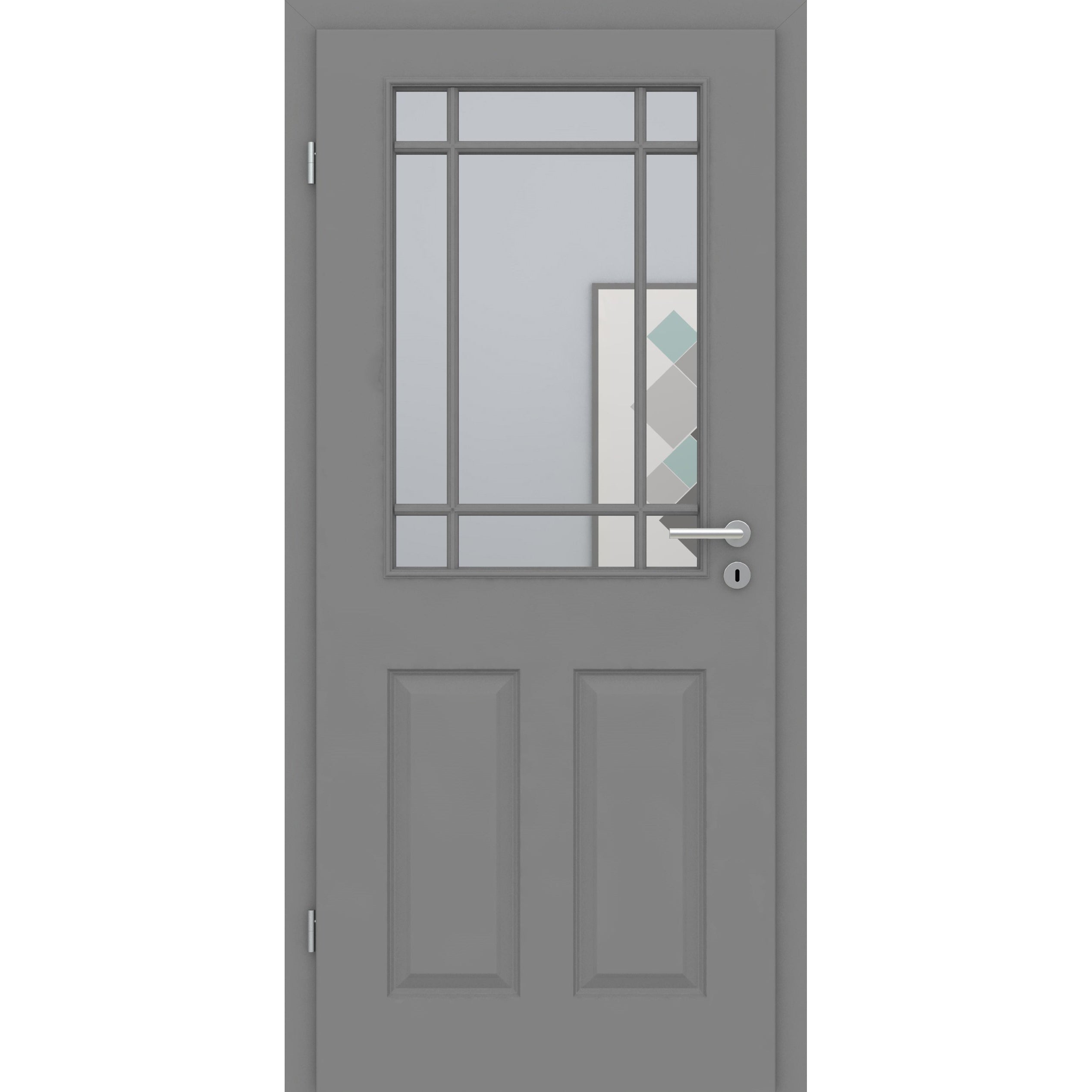 Zimmertür mit Lichtausschnitt mit Sprossenrahmen klassisch grau 4 Kassetten Designkante - Modell Stiltür K47LASPK