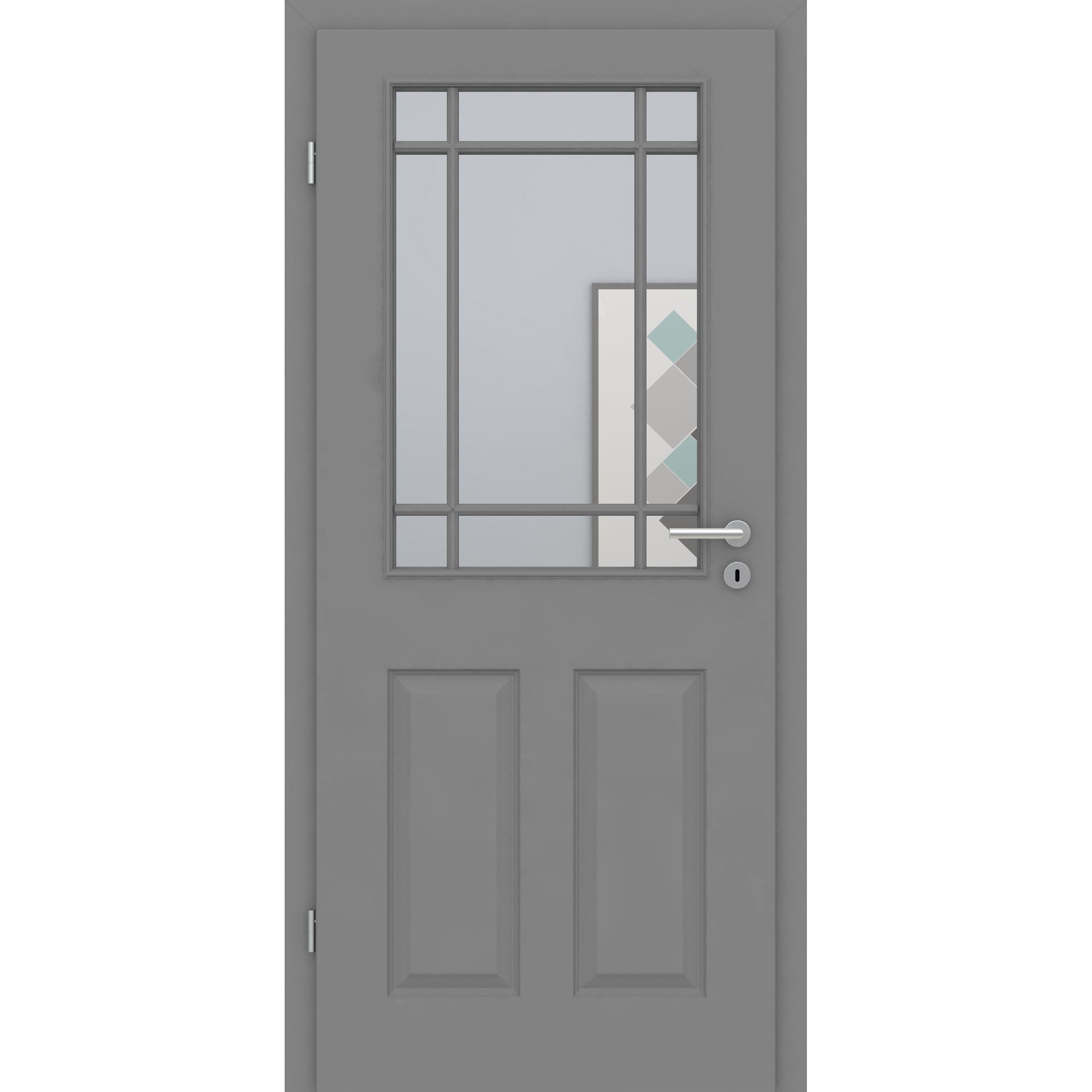 Zimmertür mit Zarge und Lichtausschnitt mit Sprossenrahmen klassisch grau 4 Kassetten Designkante - Modell Stiltür K47LASPK