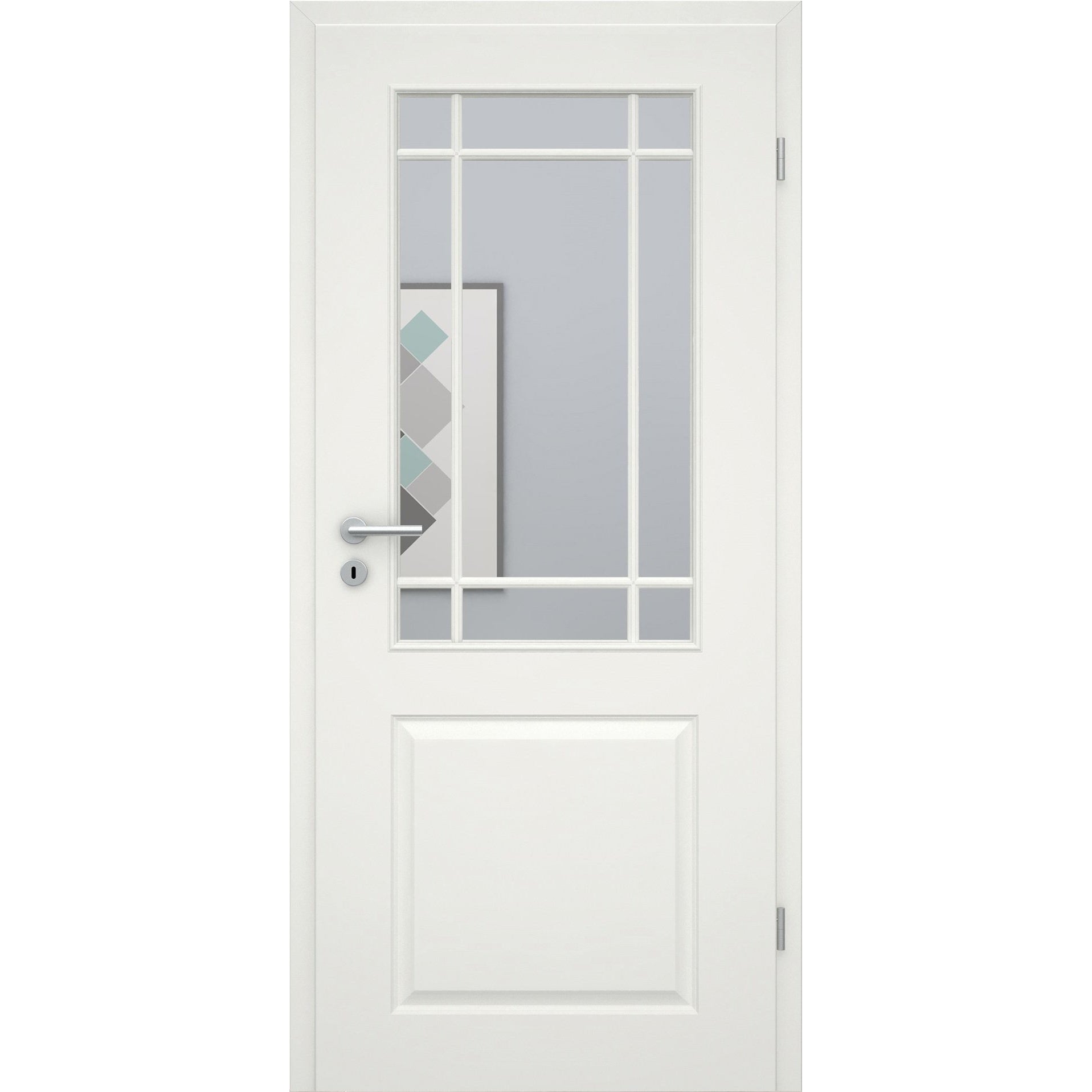 Zimmertür mit Lichtausschnitt mit Sprossenrahmen klassisch soft-weiß 2 Kassetten Rundkante - Modell Stiltür K21LASPK