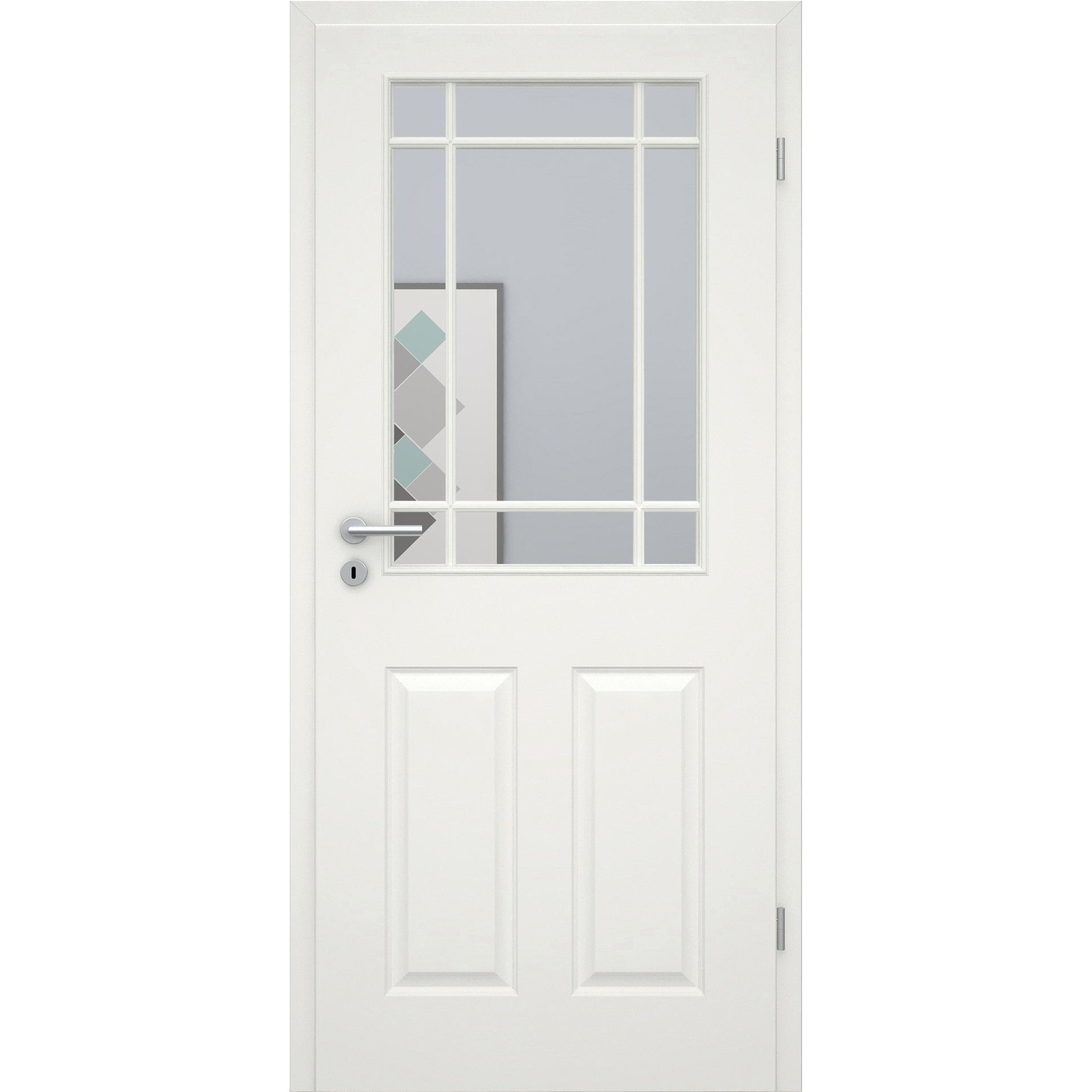 Zimmertür mit Lichtausschnitt mit Sprossenrahmen klassisch soft-weiß 4 Kassetten Eckkante - Modell Stiltür K41LASPK