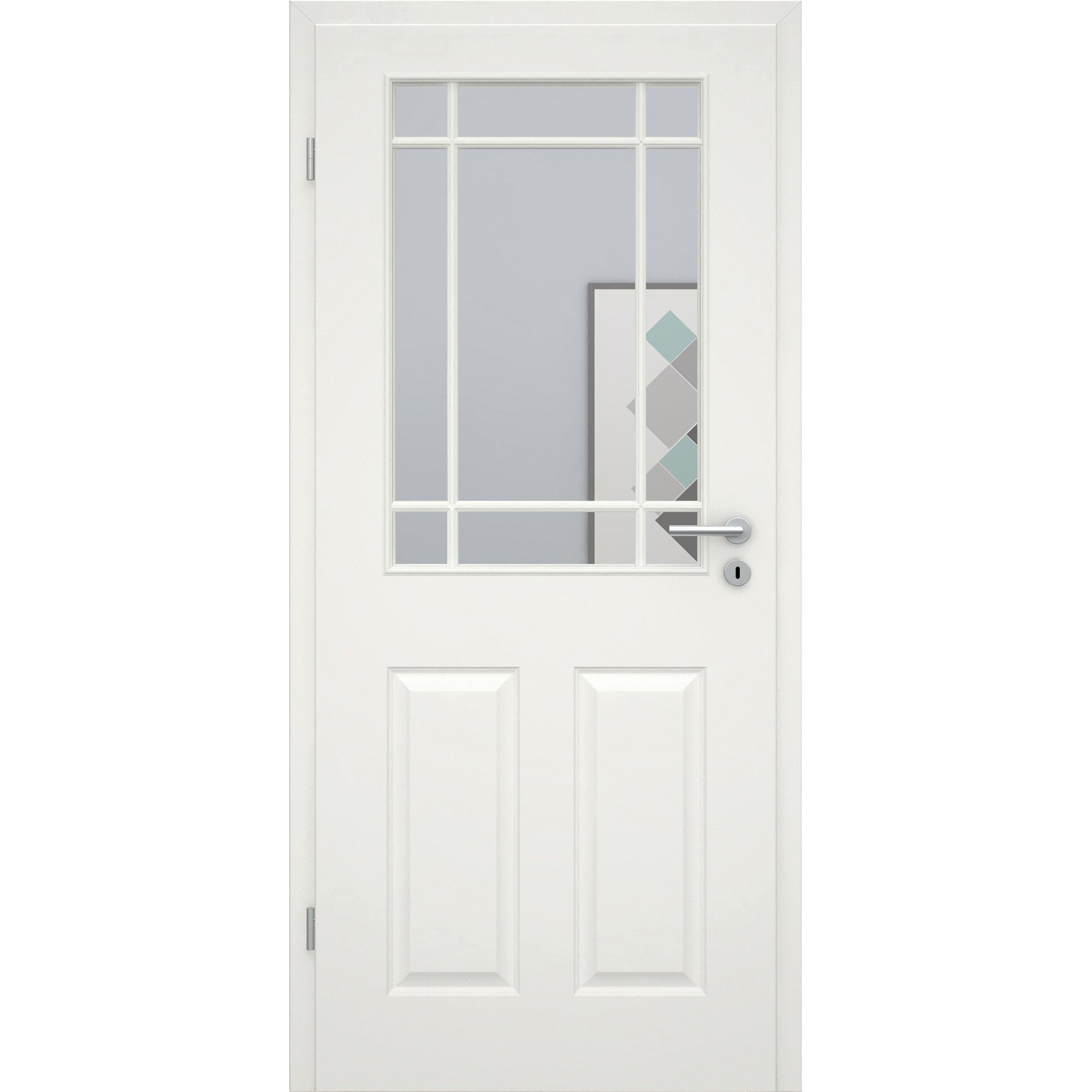 Zimmertür mit Lichtausschnitt mit Sprossenrahmen klassisch soft-weiß 4 Kassetten Eckkante - Modell Stiltür K41LASPK
