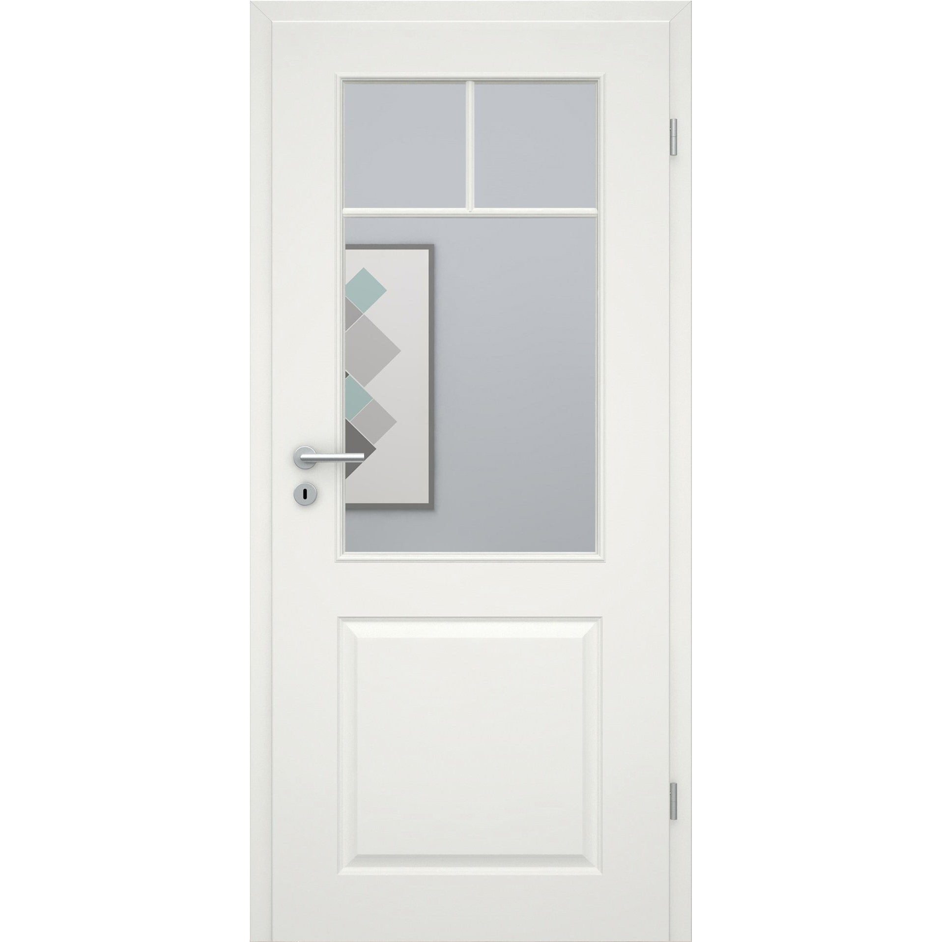 Zimmertür mit Zarge und Lichtausschnitt mit Sprossenrahmen soft-weiß 2 Kassetten Eckkante - Modell Stiltür K21LASPO