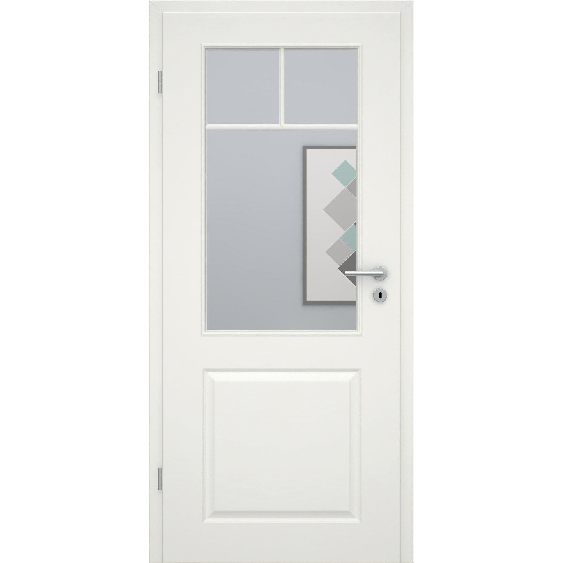 Zimmertür mit Zarge und Lichtausschnitt mit Sprossenrahmen soft-weiß 2 Kassetten Rundkante - Modell Stiltür K21LASPO