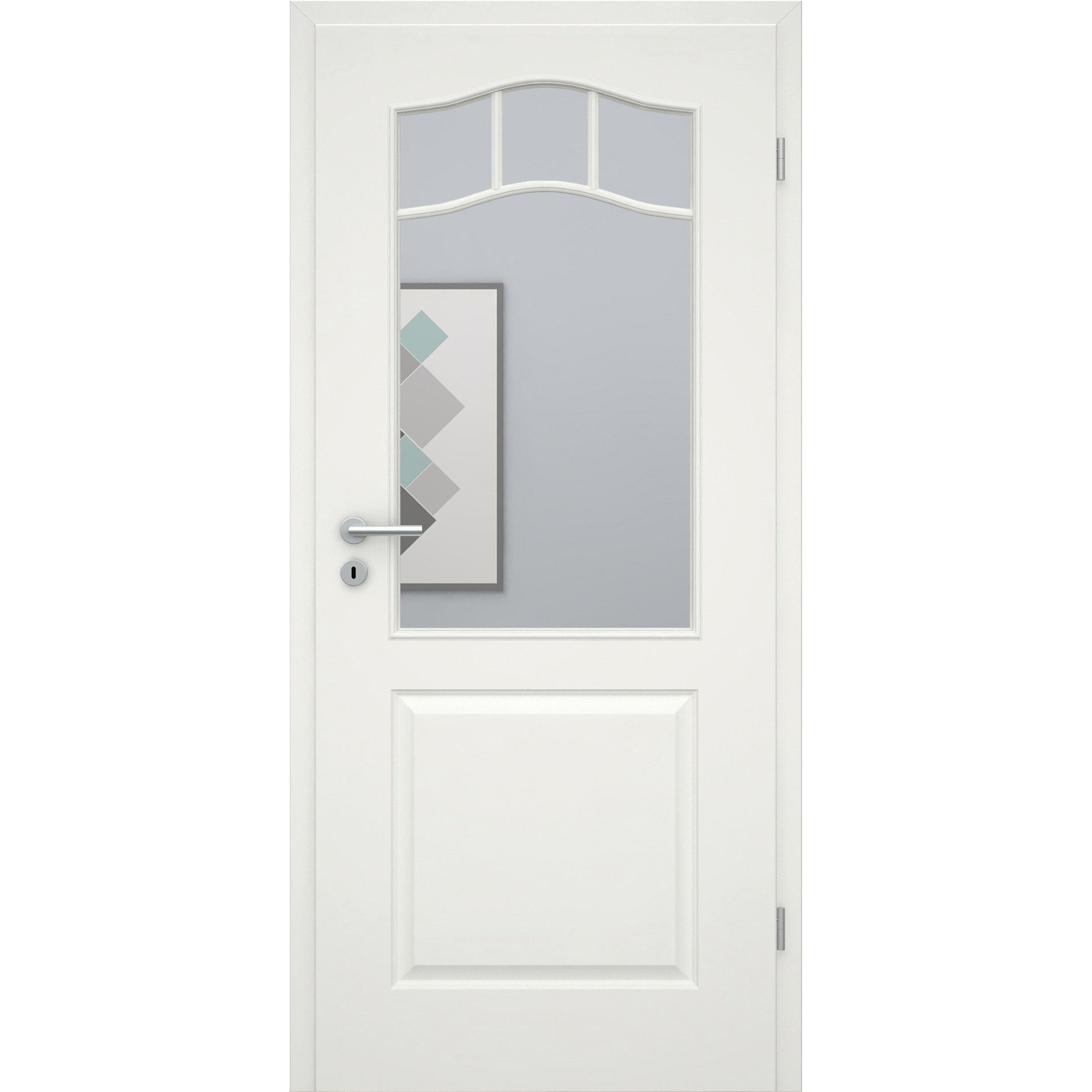 Zimmertür mit Lichtausschnitt mit Sprossenrahmen soft-weiß 2 Kassetten Schweifbogen Eckkante - Modell Stiltür KS21LASPO