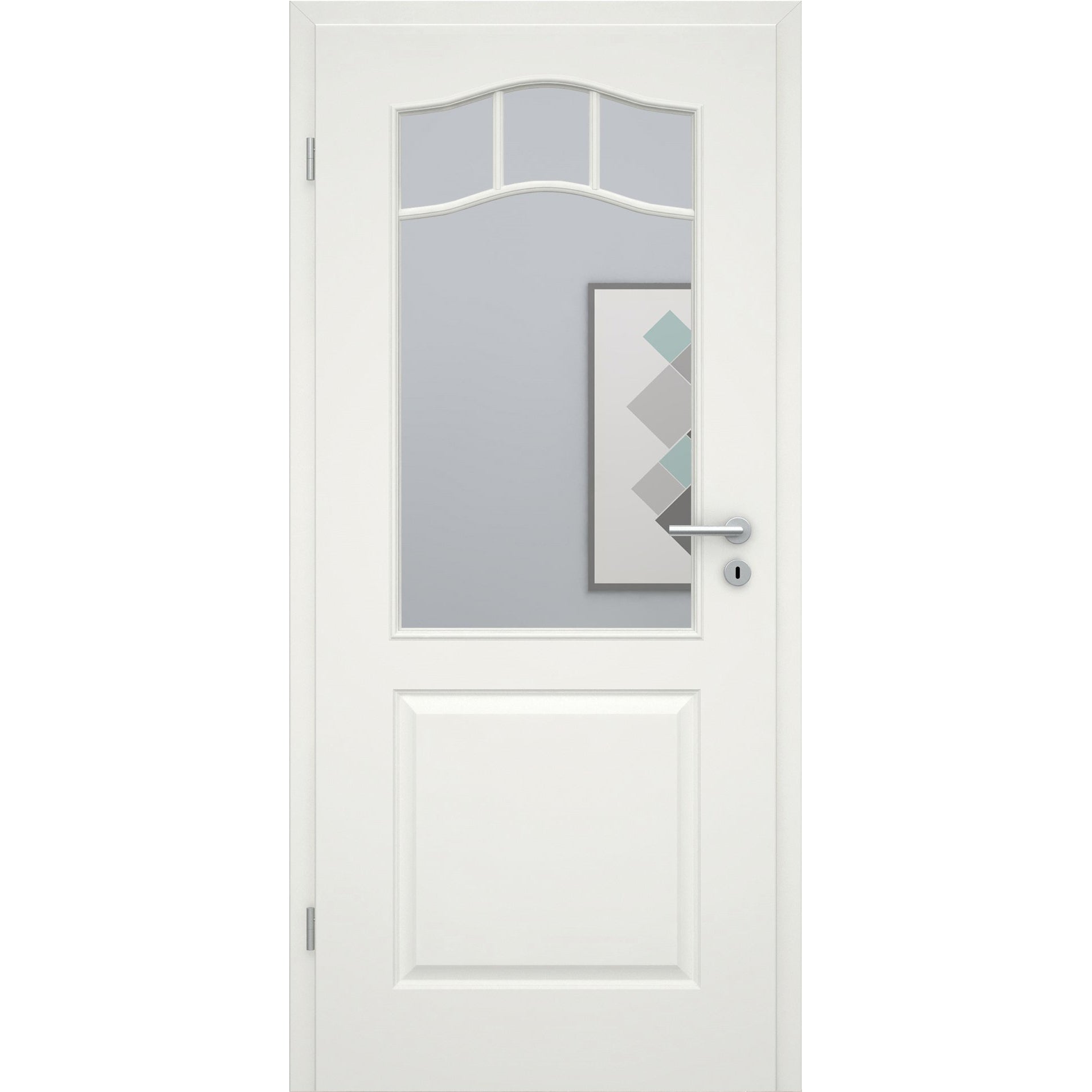Zimmertür mit Zarge und Lichtausschnitt mit Sprossenrahmen soft-weiß 2 Kassetten Schweifbogen Eckkante - Modell Stiltür KS21LASPO