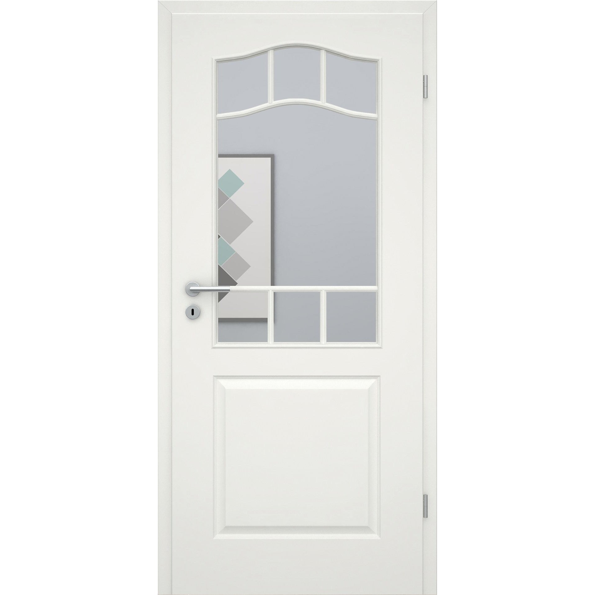 Zimmertür mit Lichtausschnitt mit Sprossenrahmen soft-weiß 2 Kassetten Schweifbogen Rundkante - Modell Stiltür KS21LASPOU
