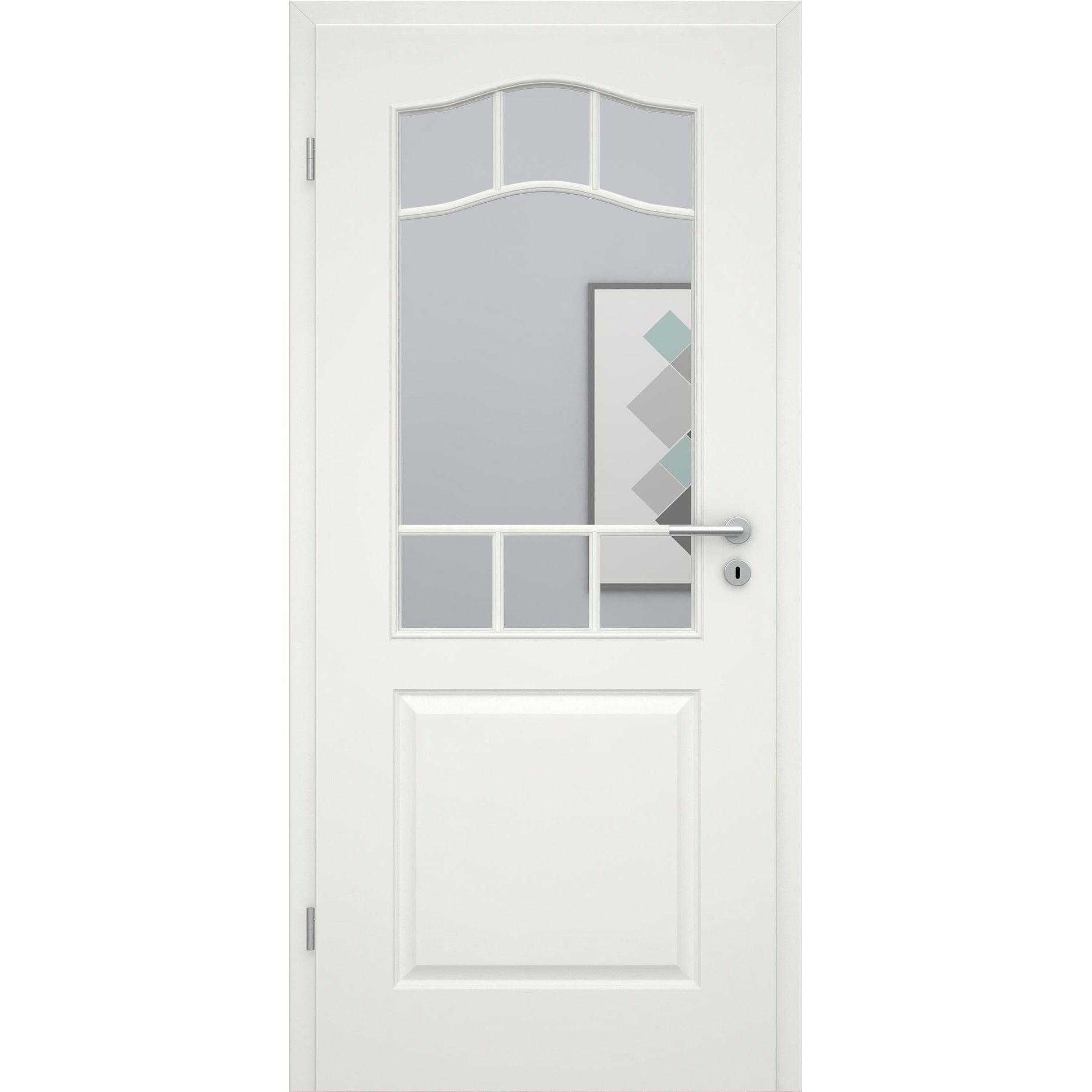 Zimmertür mit Zarge und Lichtausschnitt mit Sprossenrahmen soft-weiß 2 Kassetten Schweifbogen Rundkante - Modell Stiltür KS21LASPOU