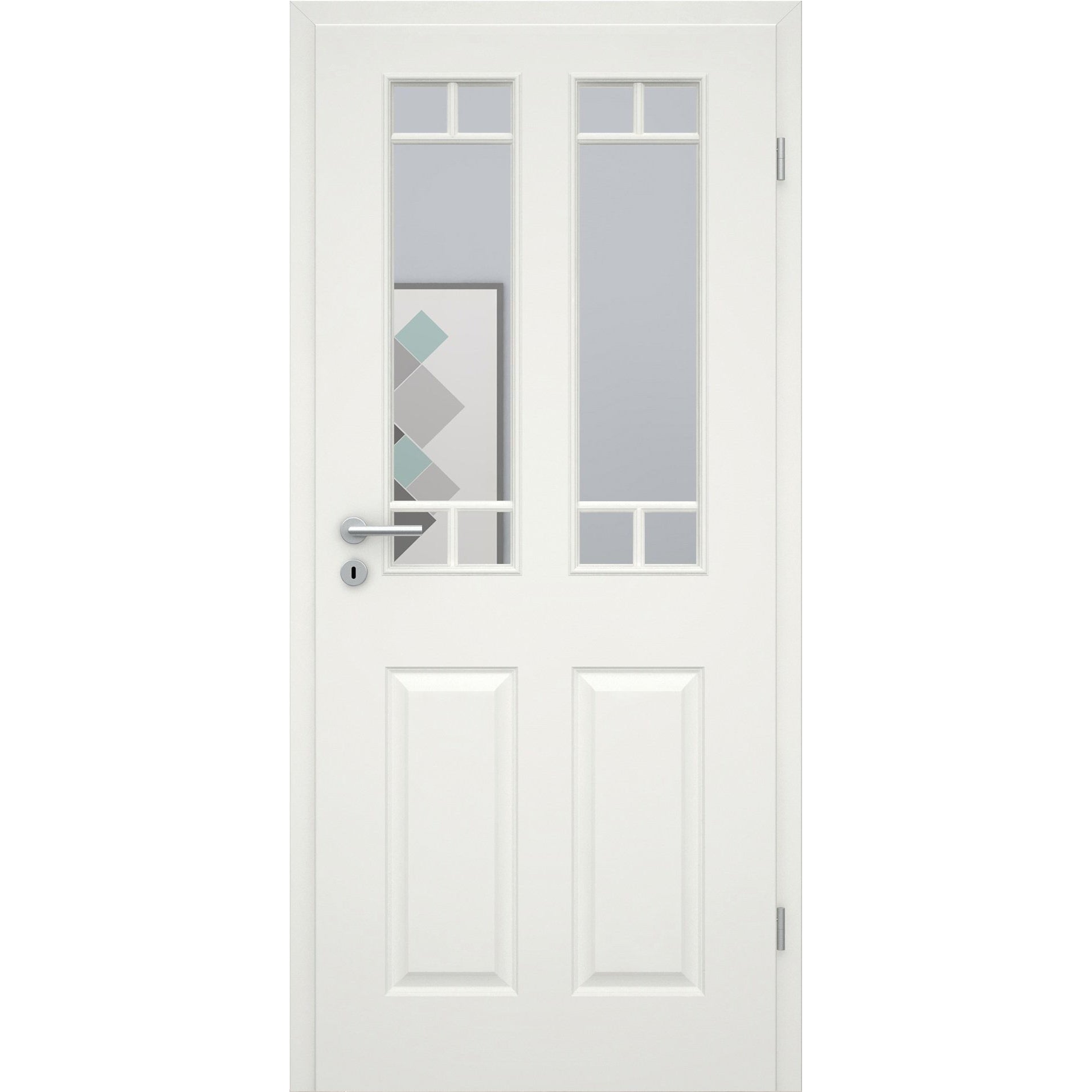 Zimmertür mit Lichtausschnitt mit Sprossenrahmen soft-weiß 4 Kassetten Eckkante - Modell Stiltür K41LA2SP
