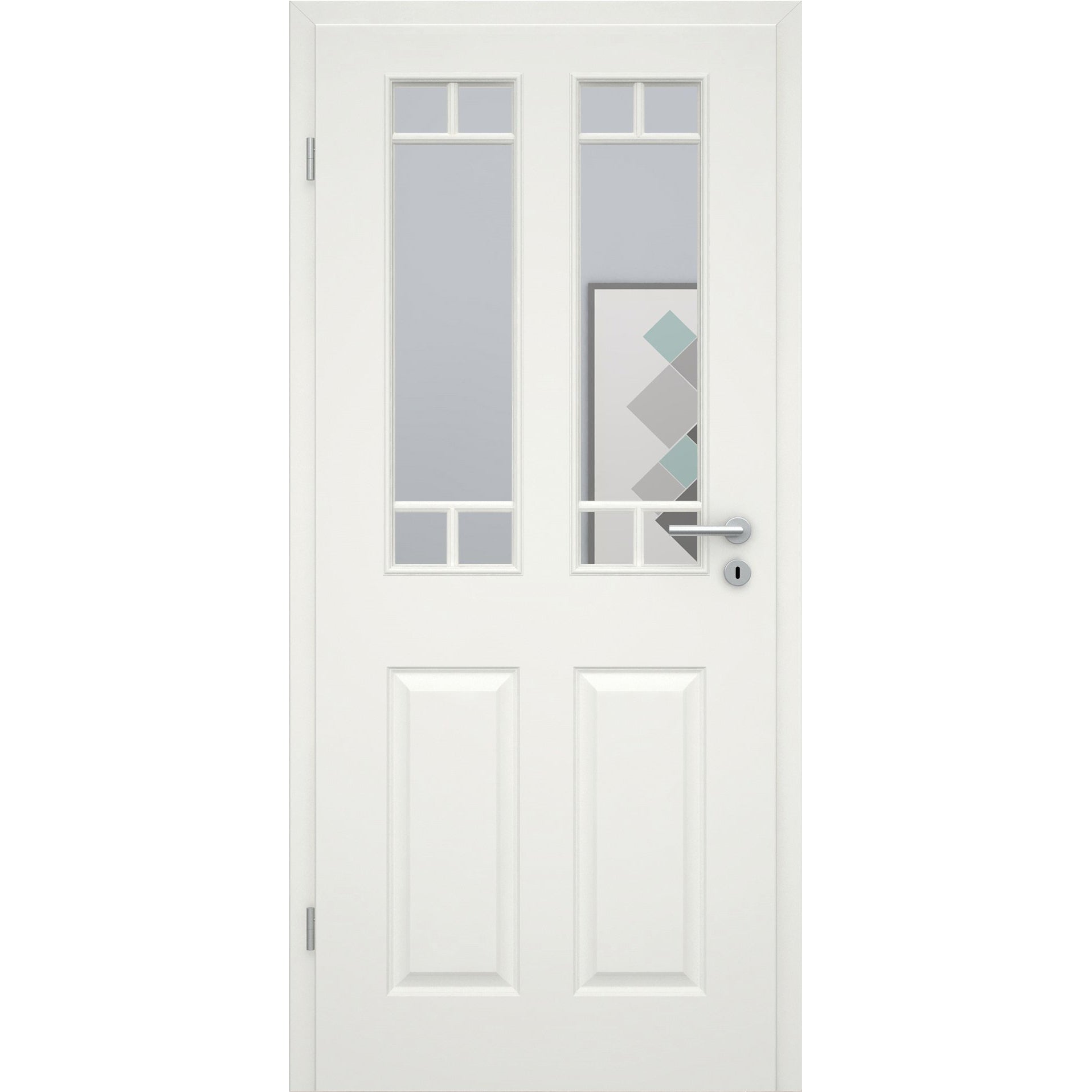 Zimmertür mit Zarge und Lichtausschnitt mit Sprossenrahmen soft-weiß 4 Kassetten Eckkante - Modell Stiltür K41LA2SP