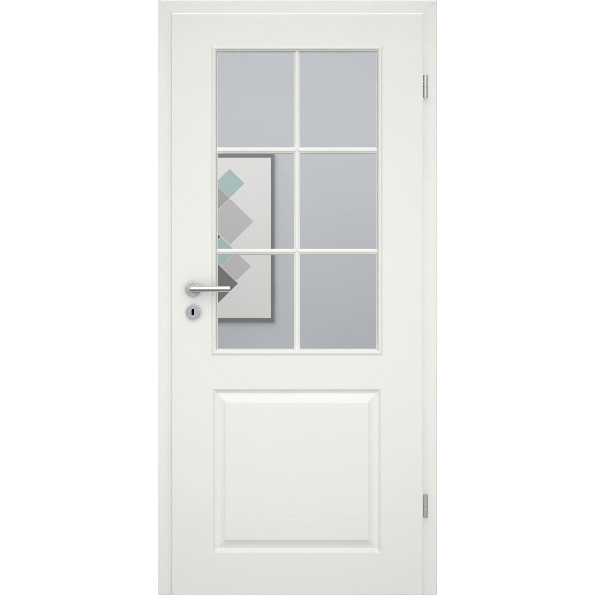Zimmertür mit Zarge und Lichtausschnitt mit Sprossenrahmen standard soft-weiß 2 Kassetten Eckkante - Modell Stiltür K21LASPS