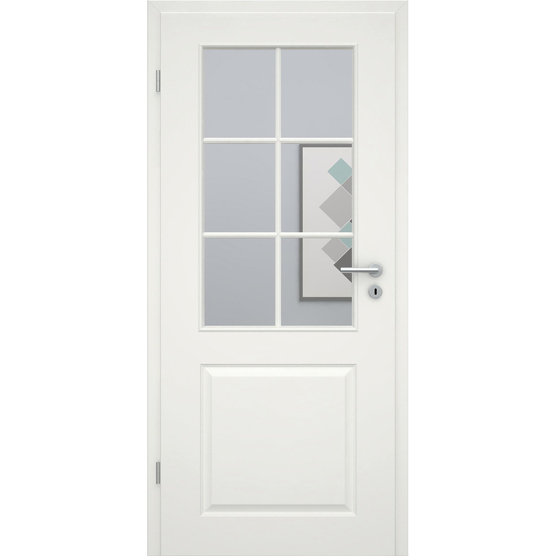 Zimmertür mit Zarge und Lichtausschnitt mit Sprossenrahmen standard soft-weiß 2 Kassetten Rundkante - Modell Stiltür K21LASPS