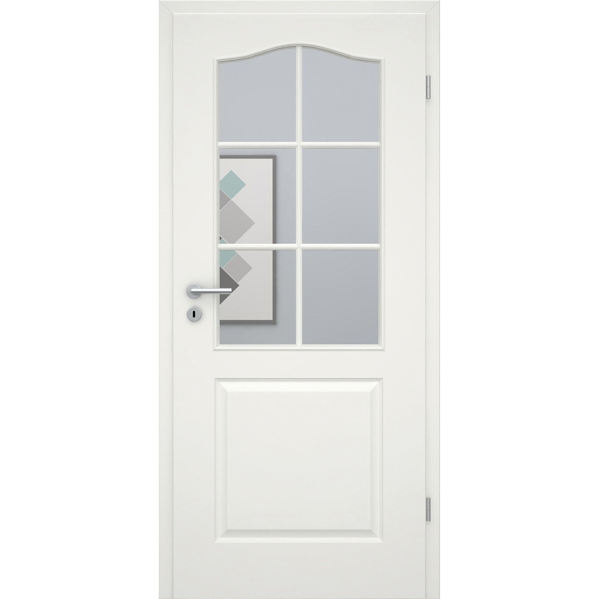Zimmertür mit Zarge und Lichtausschnitt mit Sprossenrahmen standard soft-weiß 2 Kassetten Schweifbogen Eckkante - Modell Stiltür KS21LASPS