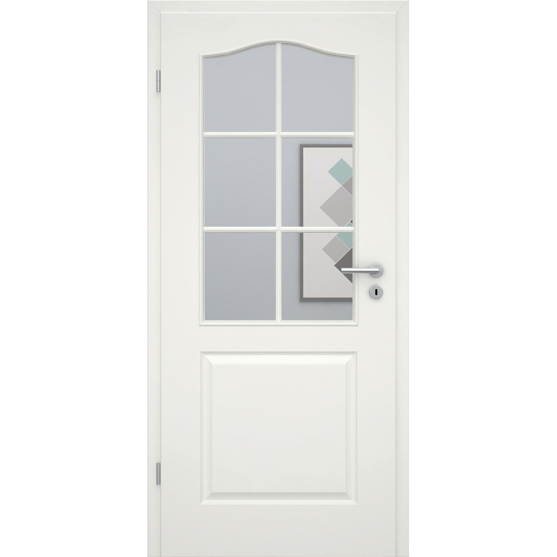 Zimmertür mit Zarge und Lichtausschnitt mit Sprossenrahmen standard soft-weiß 2 Kassetten Schweifbogen Eckkante - Modell Stiltür KS21LASPS