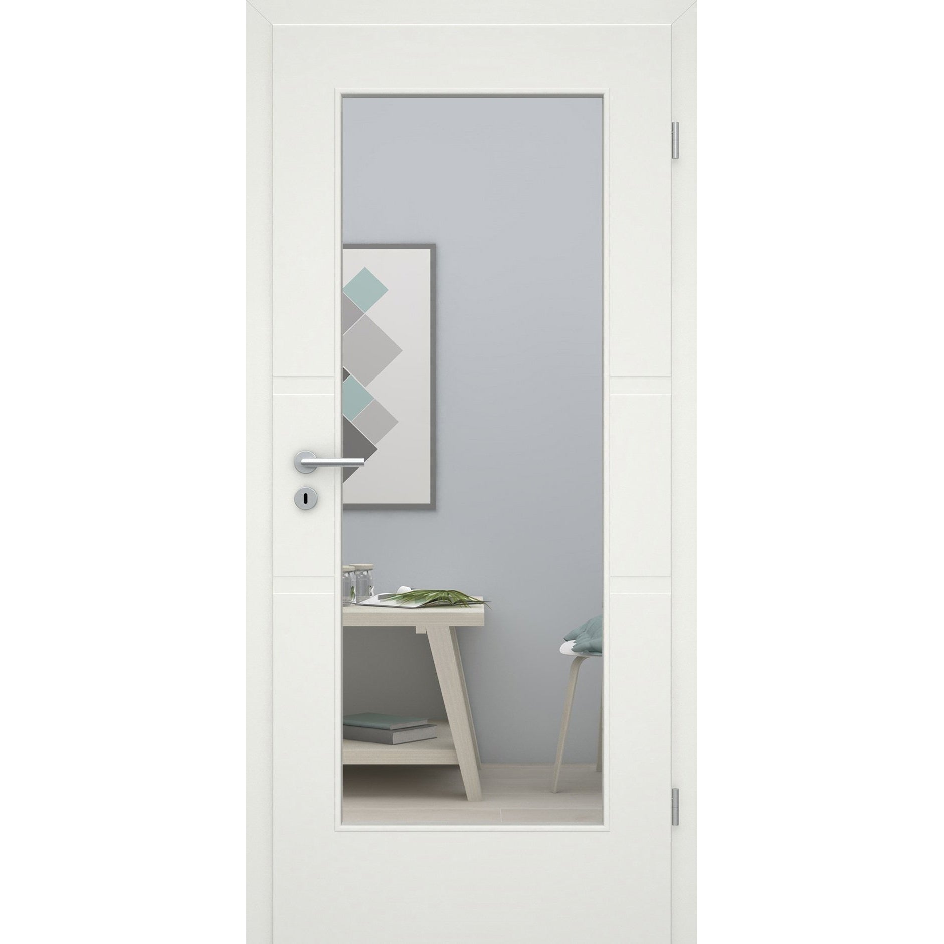 Zimmertür mit Lichtausschnitt soft-weiß 2 breite Rillen Eckkante - Modell Designtür QB21LA