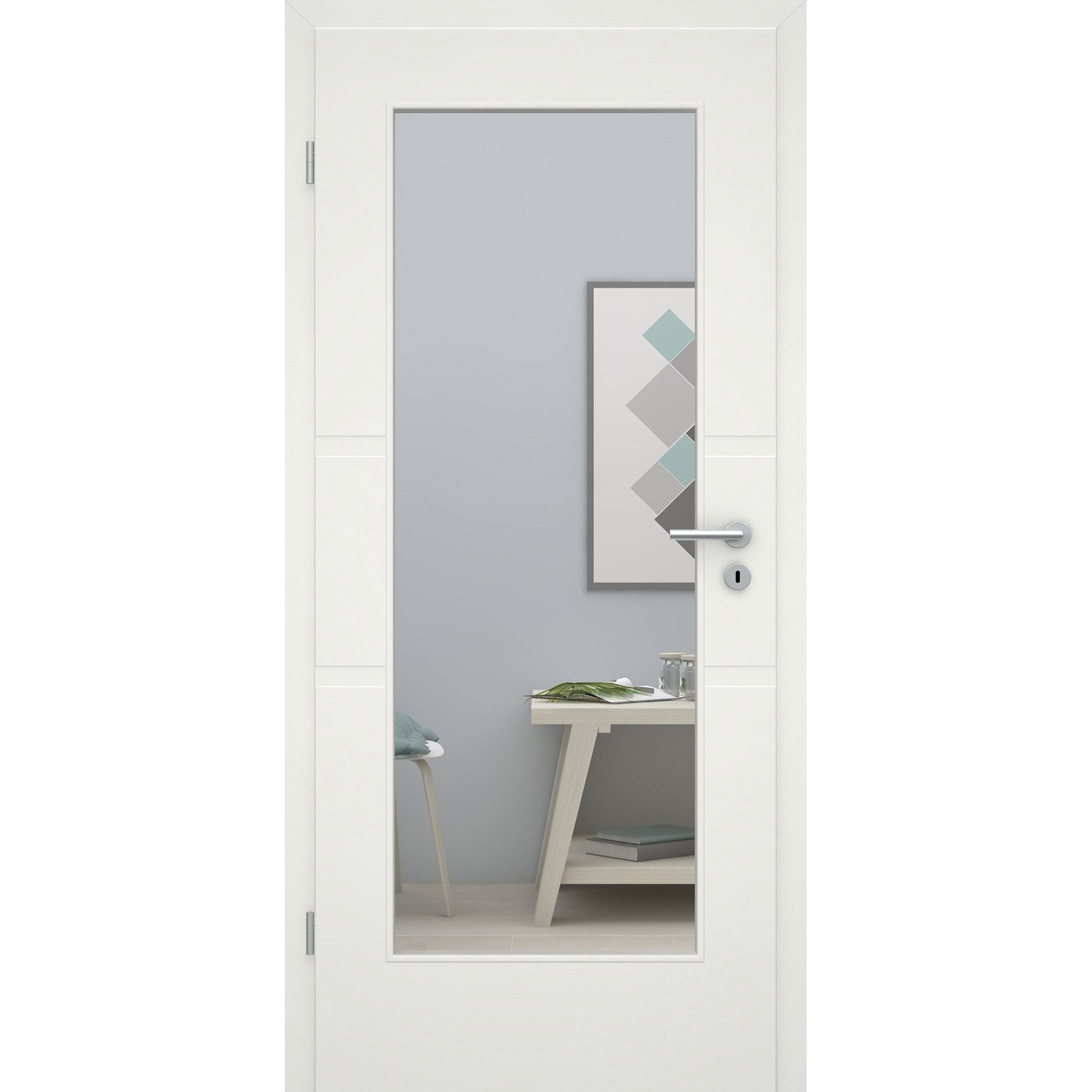 Zimmertür mit Lichtausschnitt soft-weiß 2 breite Rillen Eckkante - Modell Designtür QB21LA