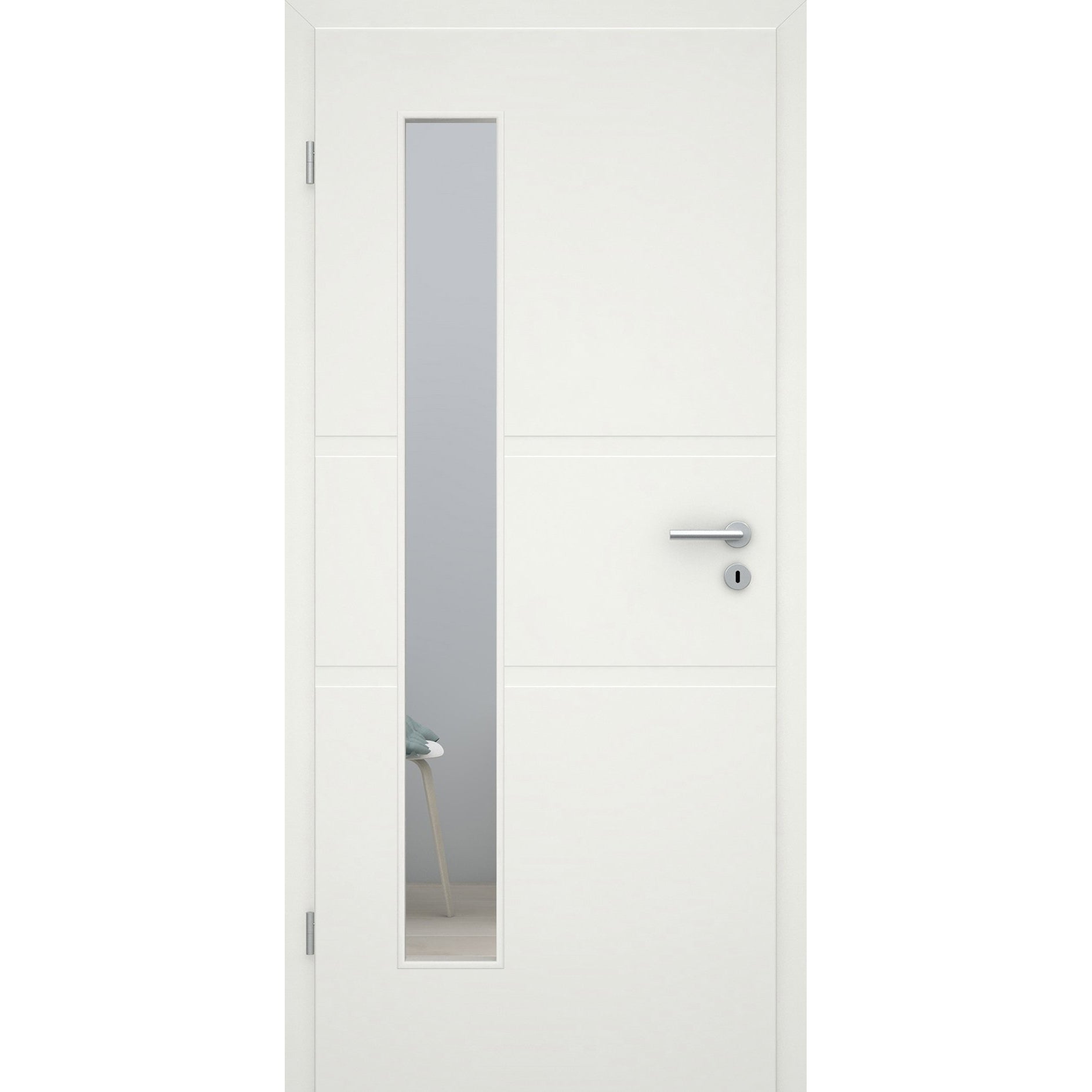 Zimmertür mit Zarge und Lichtausschnitt soft-weiß 2 breite Rillen Eckkante - Modell Designtür QB21LAB