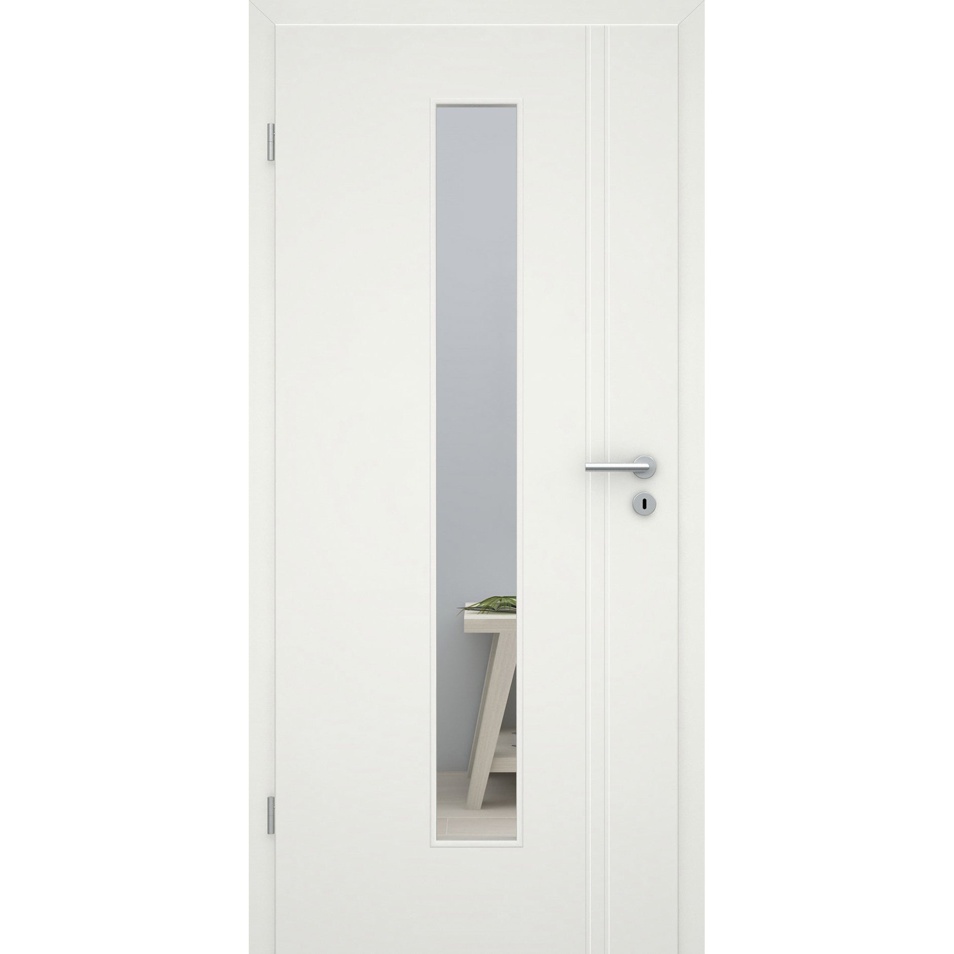 Zimmertür mit Zarge und Lichtausschnitt soft-weiß 2 Rillen aufrecht Eckkante - Modell Designtür VS21LAM